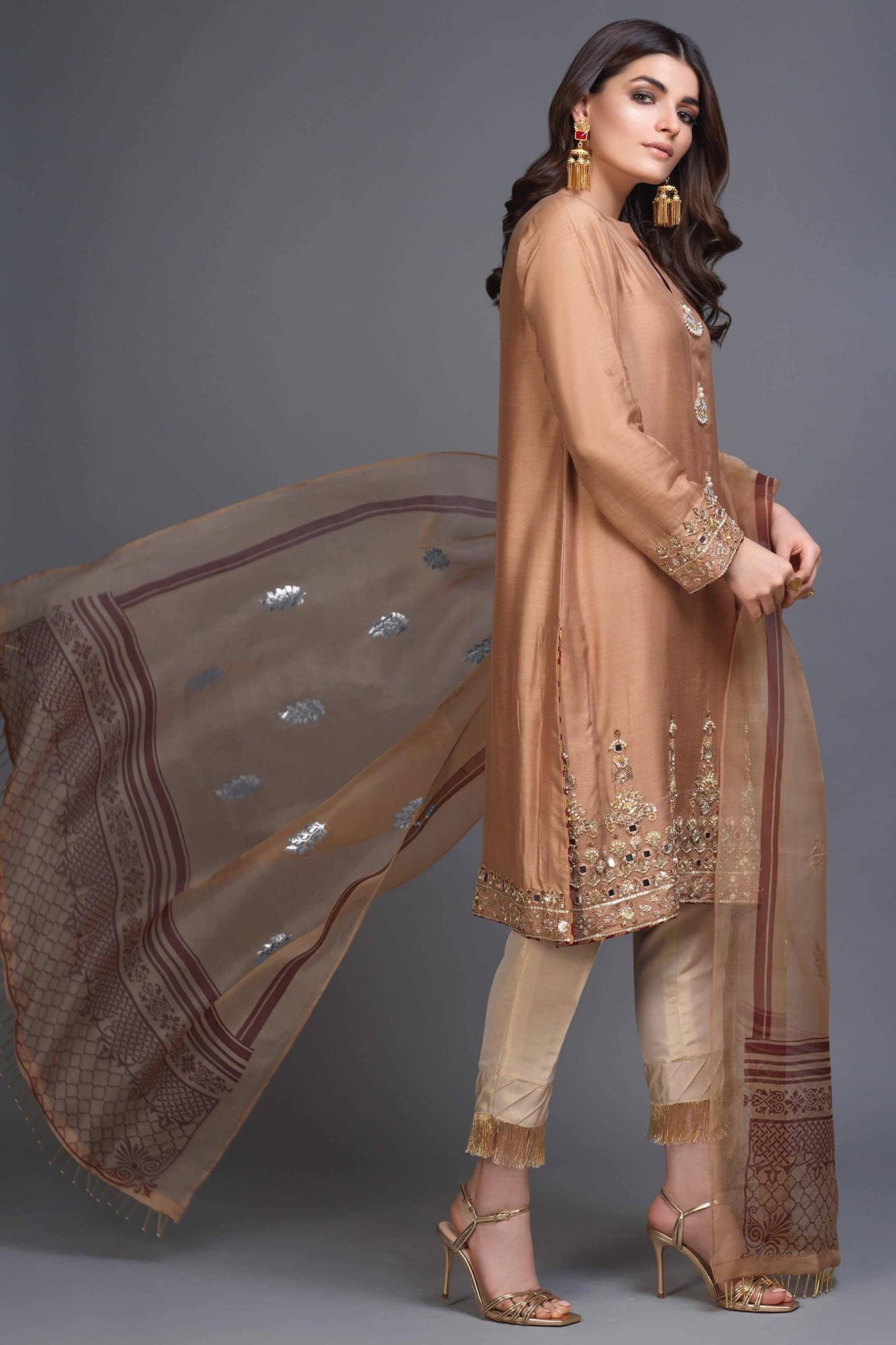 Sand Tone Embroidered PK Raw Silk Salwar Kameez (3-Piece) - Image 3