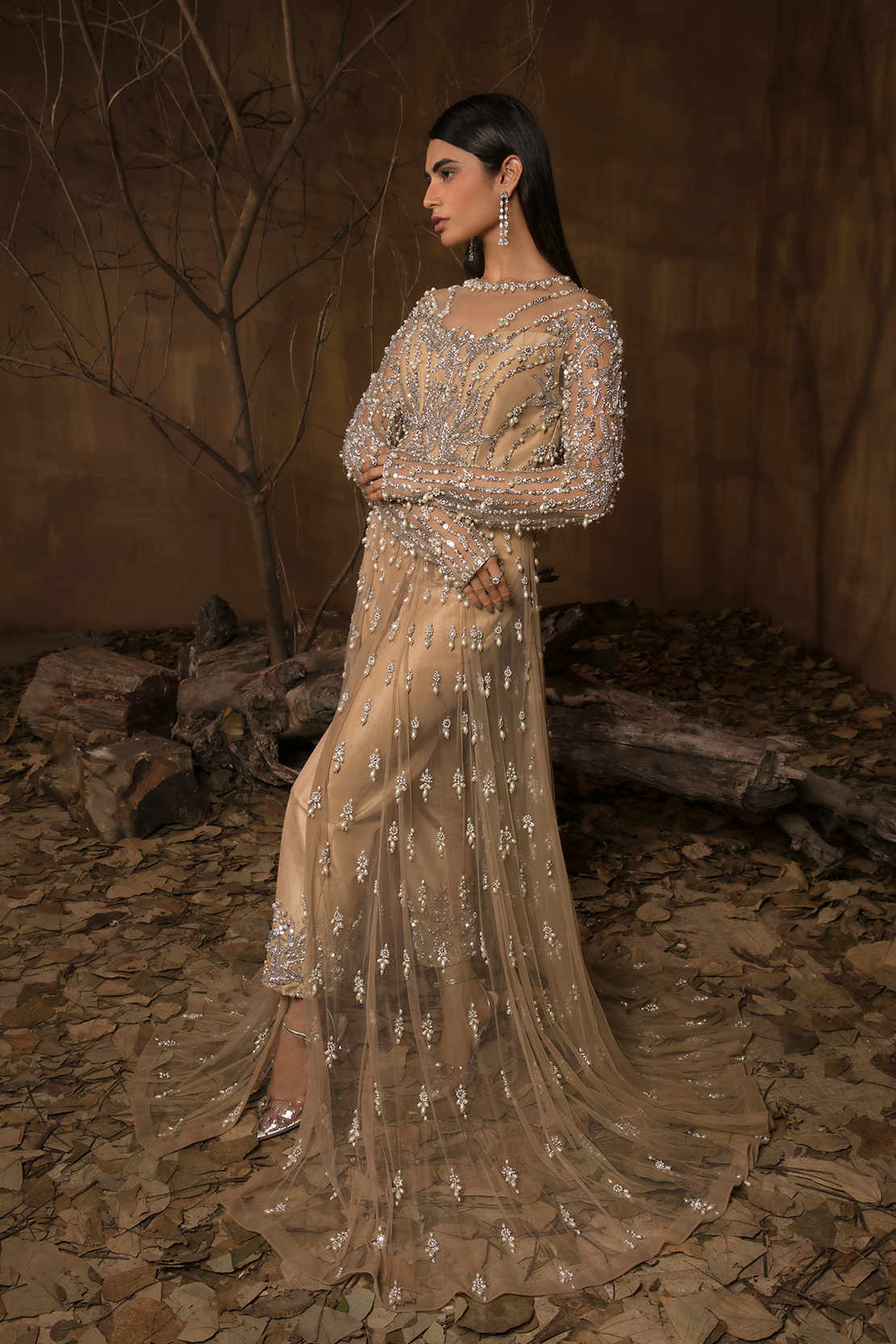 Beige Pearl Embellished Raw Silk Salwar Kameez (3-Piece) - Image 1