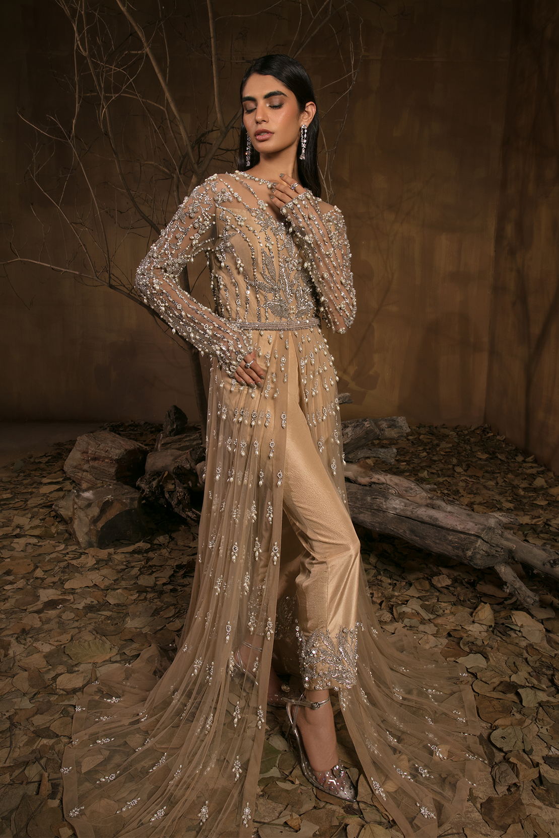 Beige Pearl Embellished Raw Silk Salwar Kameez (3-Piece) - Image 2