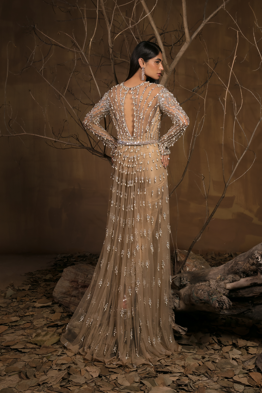 Beige Pearl Embellished Raw Silk Salwar Kameez (3-Piece) - Image 3