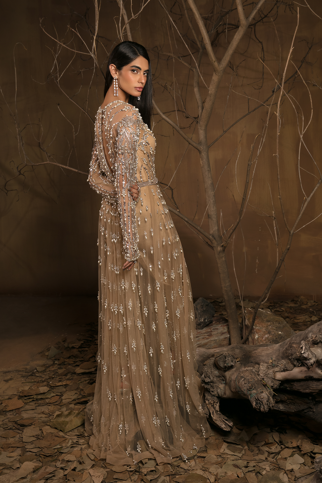 Beige Pearl Embellished Raw Silk Salwar Kameez (3-Piece) - Image 4