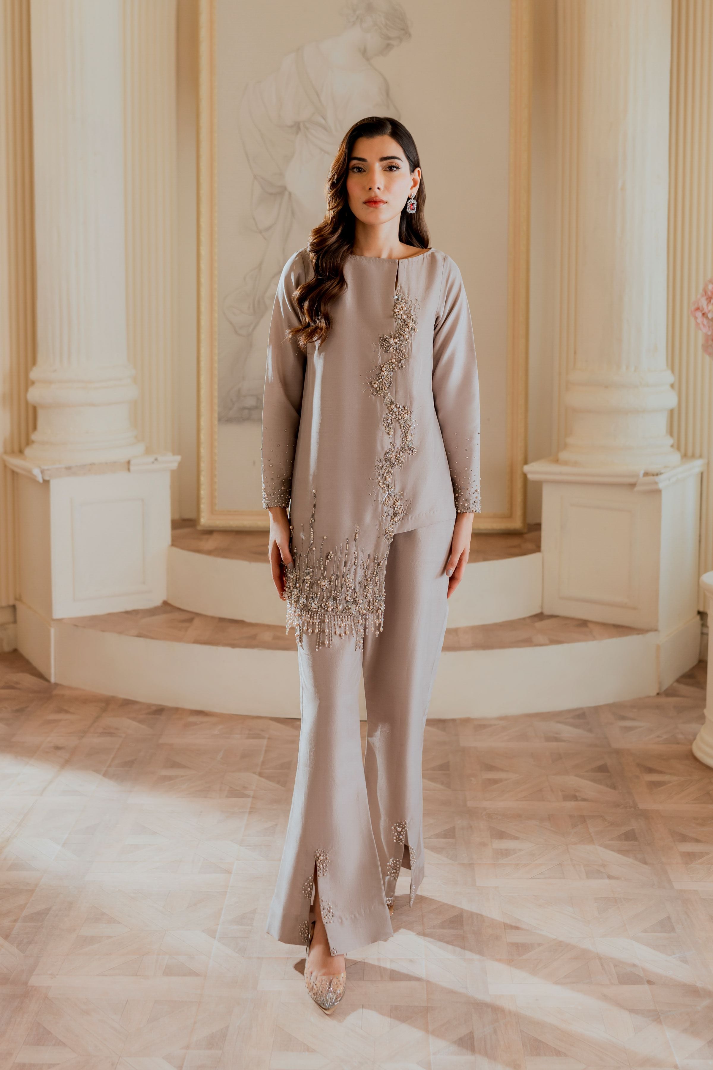 Pakistani Taupe Embellished Raw Silk Asymmetrical Shirt & Slit Pants (2-Piece) - Image 1