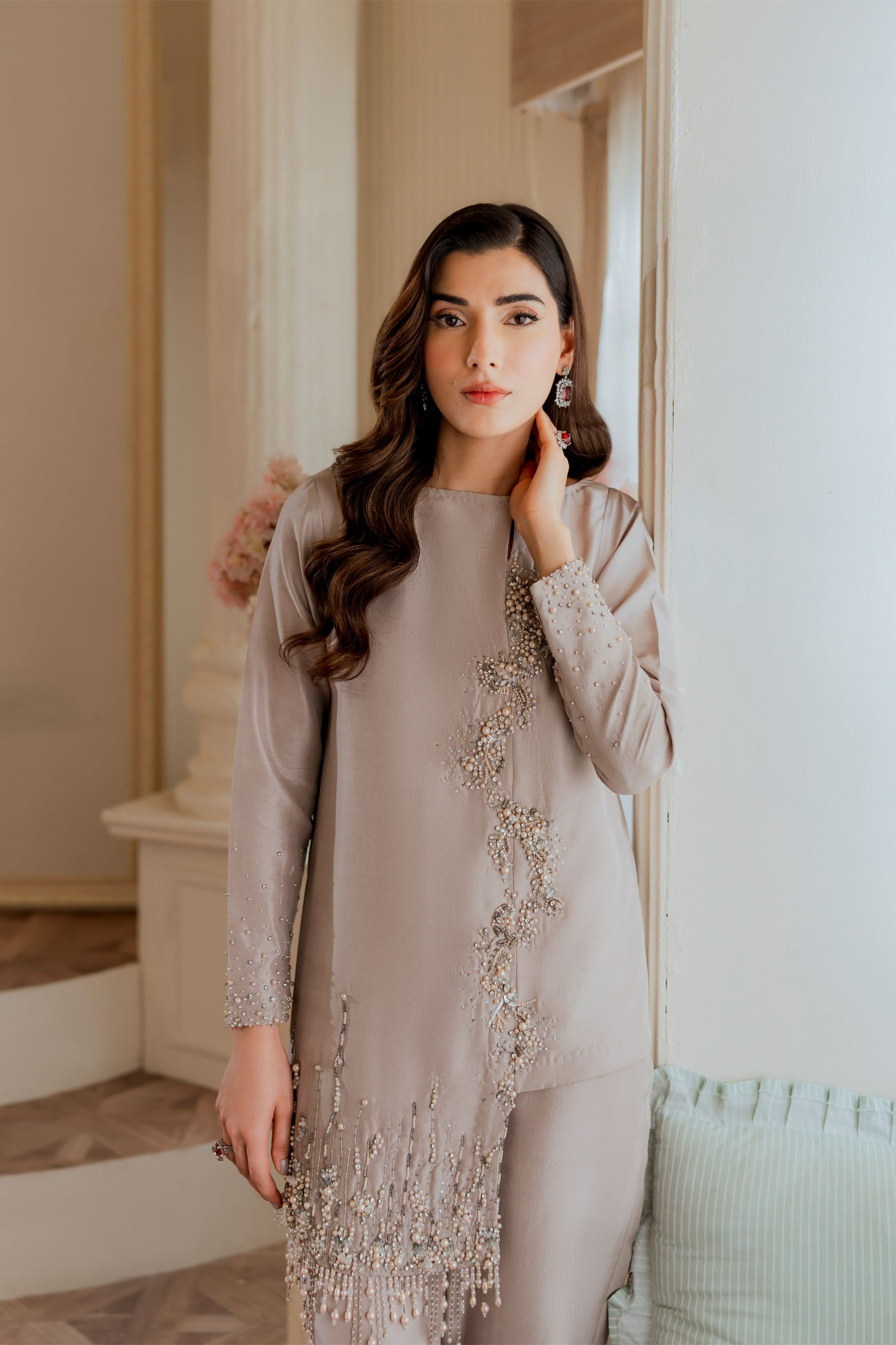 Pakistani Taupe Embellished Raw Silk Asymmetrical Shirt & Slit Pants (2-Piece) - Image 2