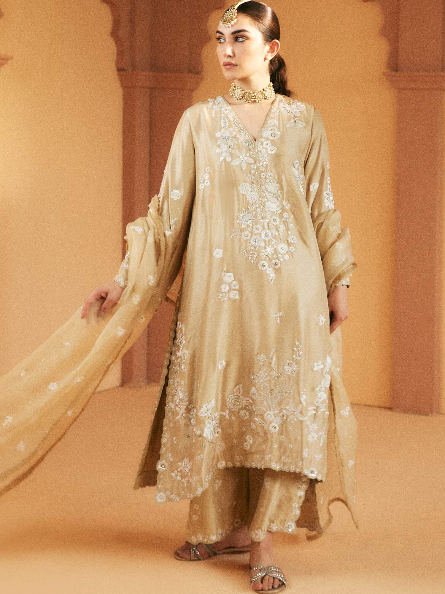 Sand Embroidered Raw Silk Kurta Set (3-Piece) - Image 1