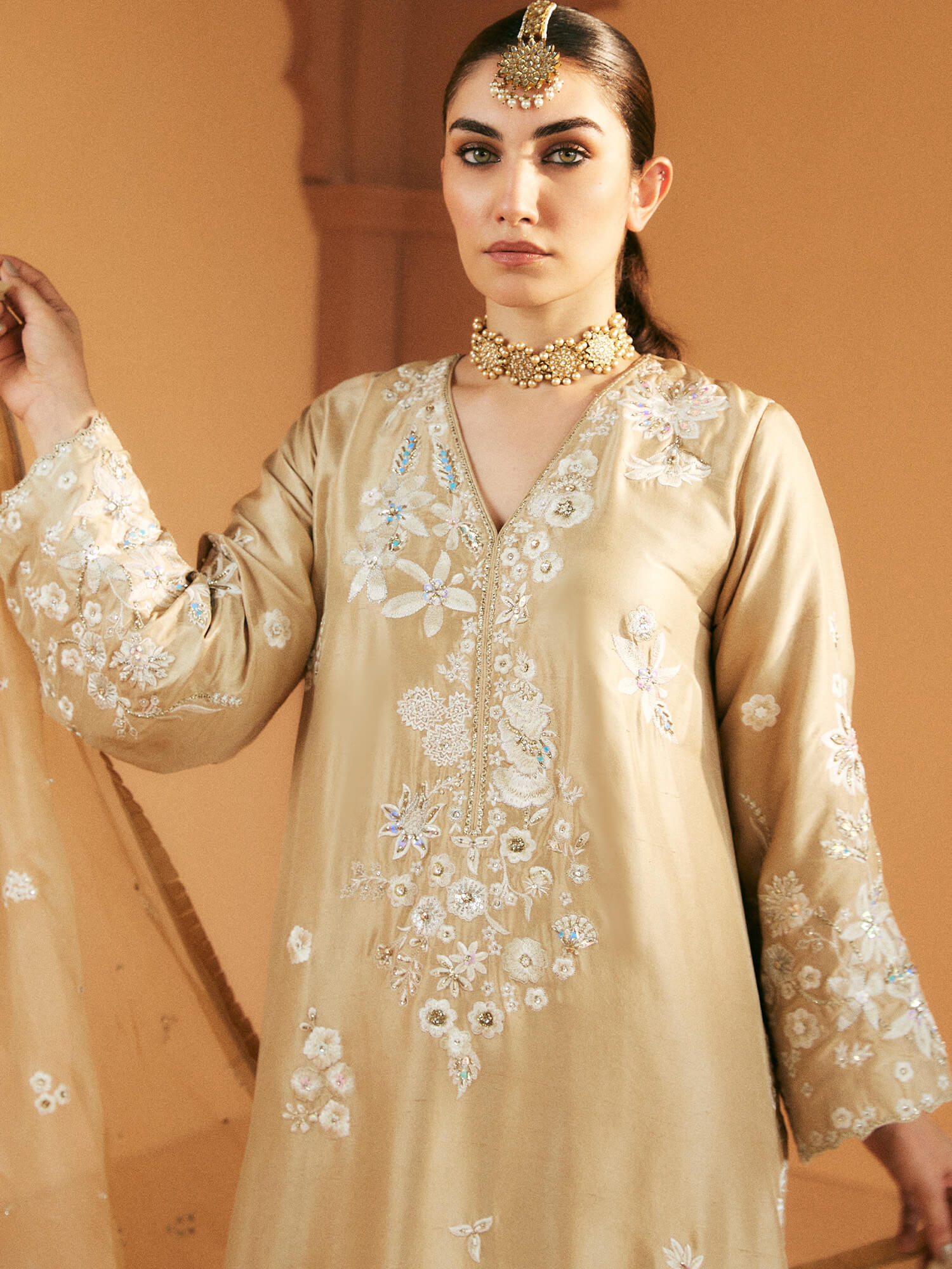 Sand Embroidered Raw Silk Kurta Set (3-Piece) - Image 2