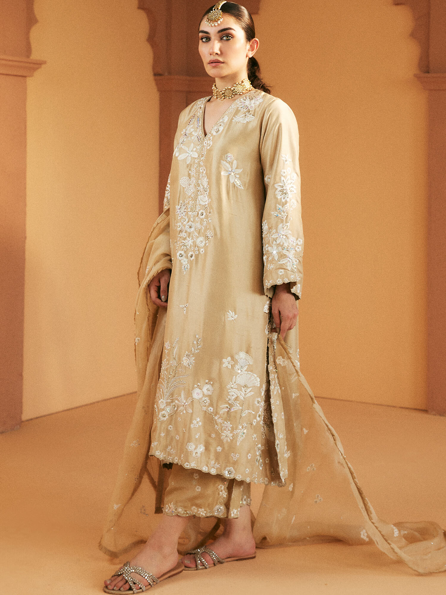 Sand Embroidered Raw Silk Kurta Set (3-Piece) - Image 3