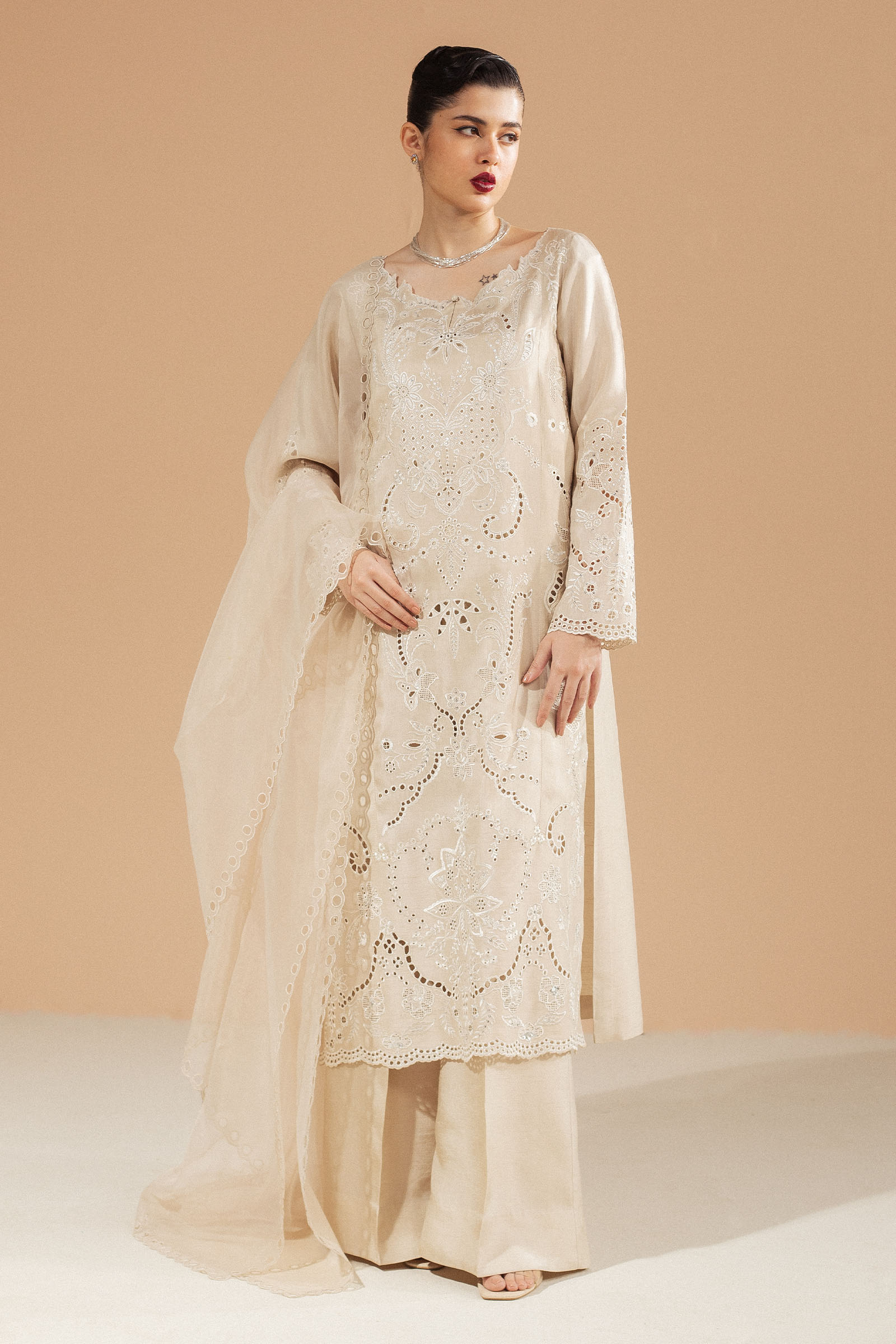 Pakistani Beige Schiffli Embroidered Raw Silk Salwar Kameez (3-Piece) - Image 2