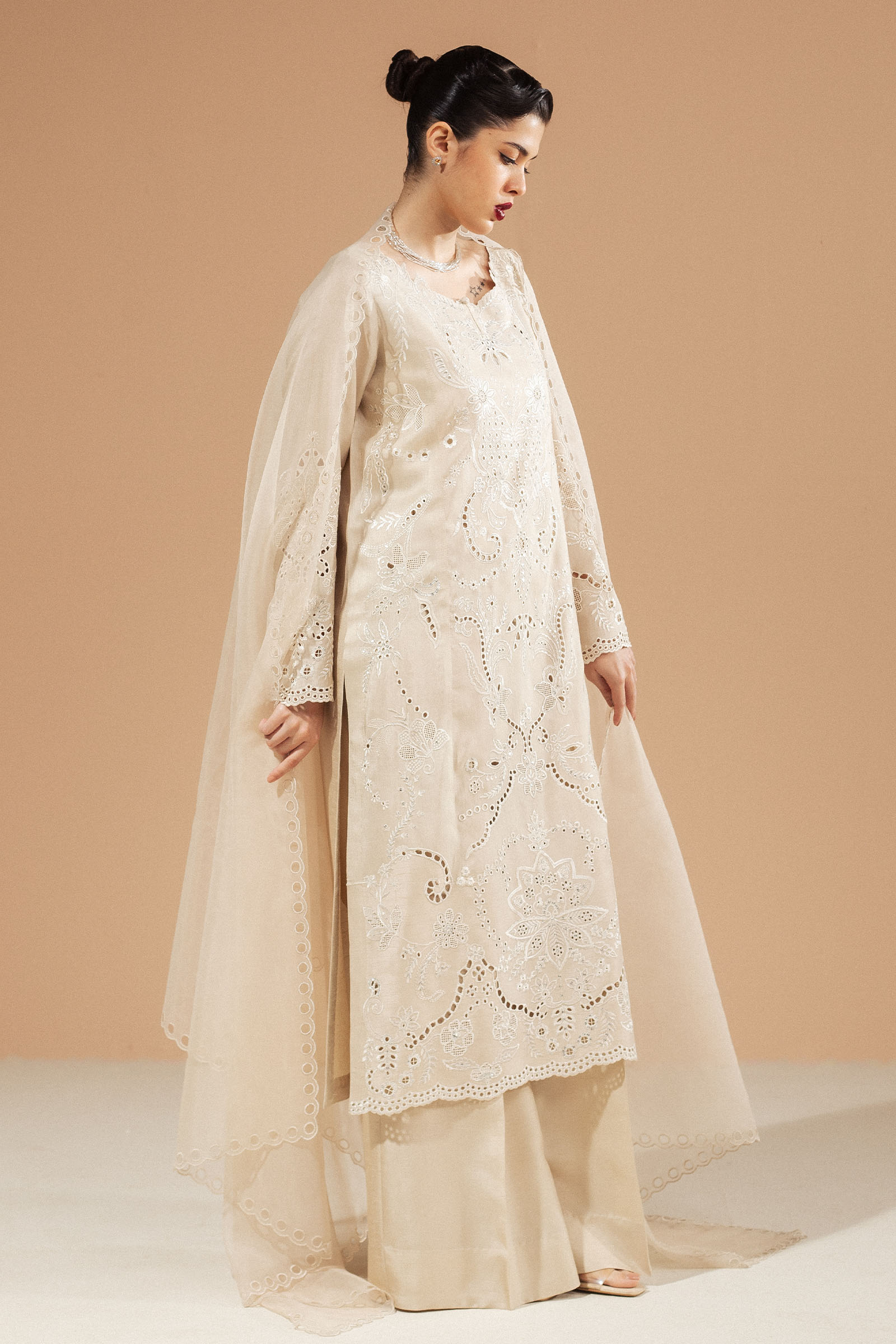 Pakistani Beige Schiffli Embroidered Raw Silk Salwar Kameez (3-Piece) - Image 3