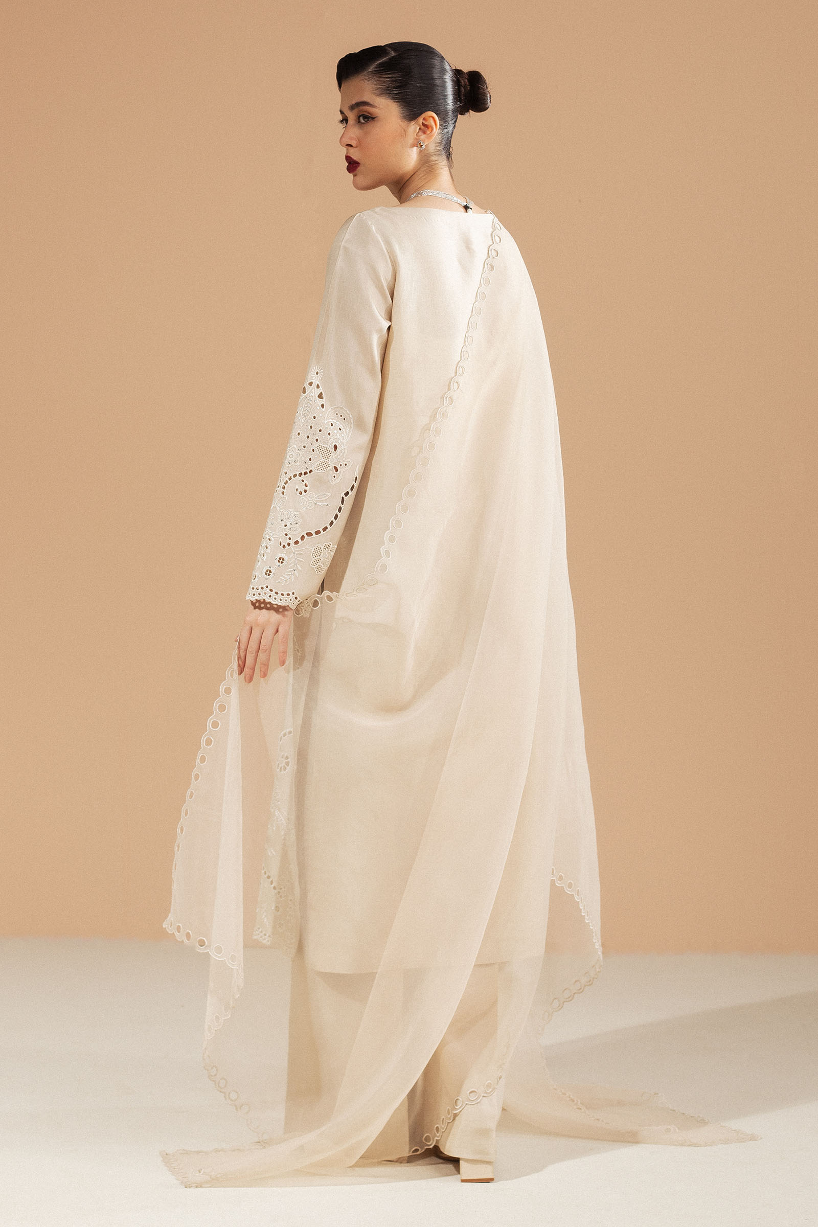 Pakistani Beige Schiffli Embroidered Raw Silk Salwar Kameez (3-Piece) - Image 4