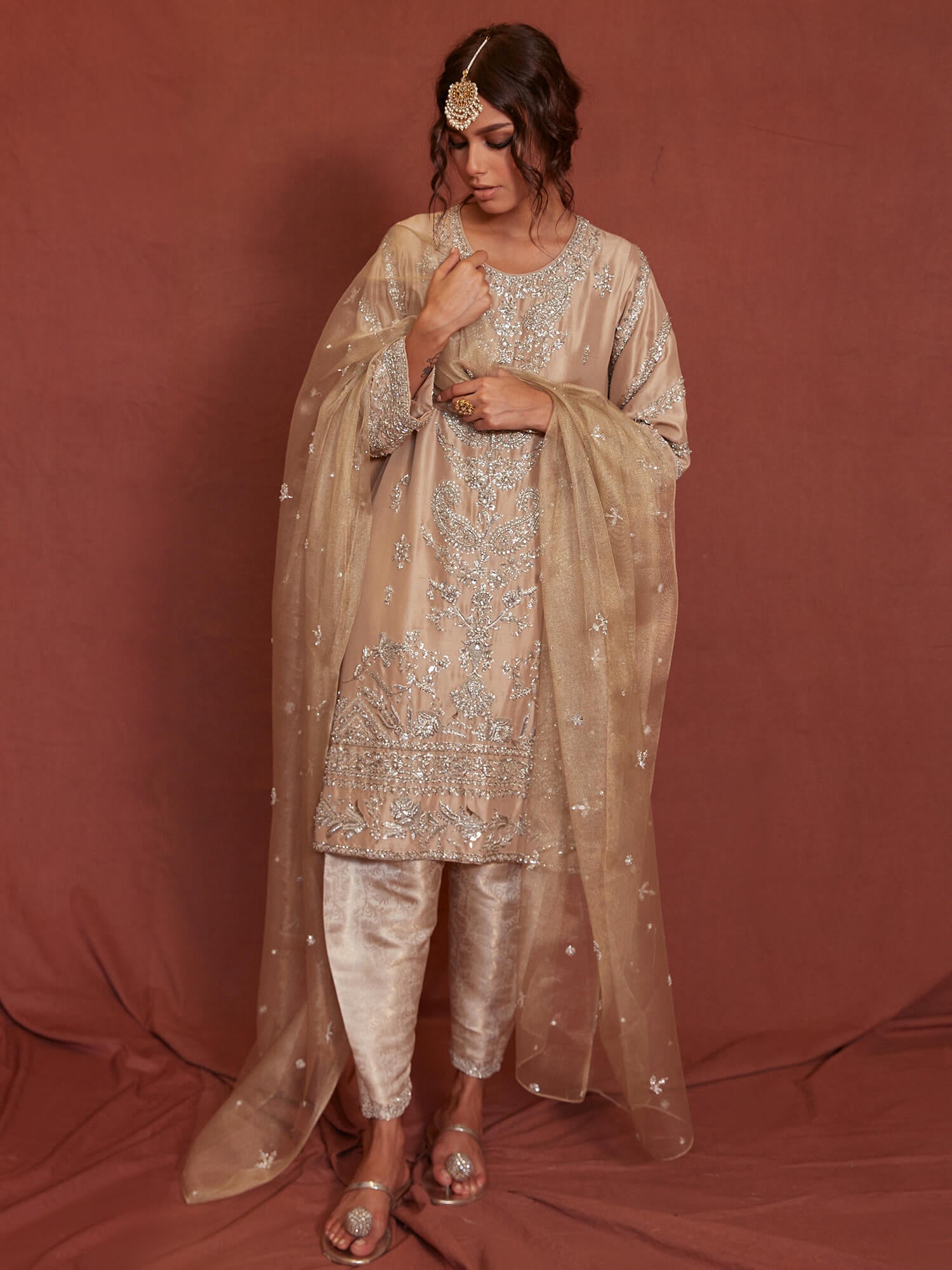 Pakistani Sand Embroidered Raw Silk Salwar Kameez (3-Piece) - Image 1