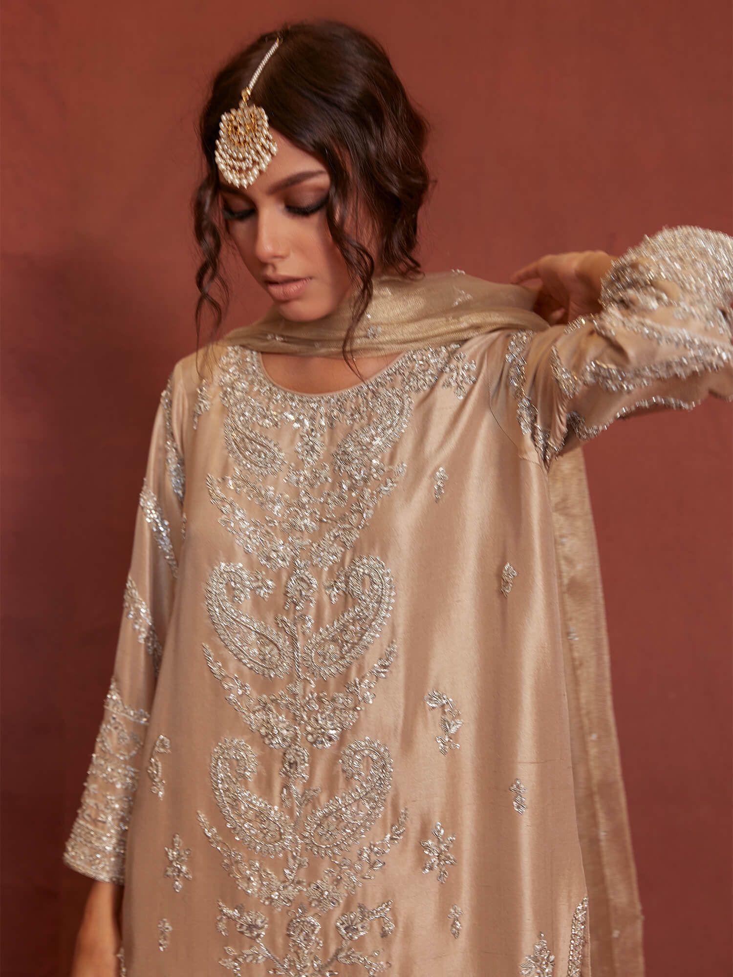 Pakistani Sand Embroidered Raw Silk Salwar Kameez (3-Piece) - Image 2