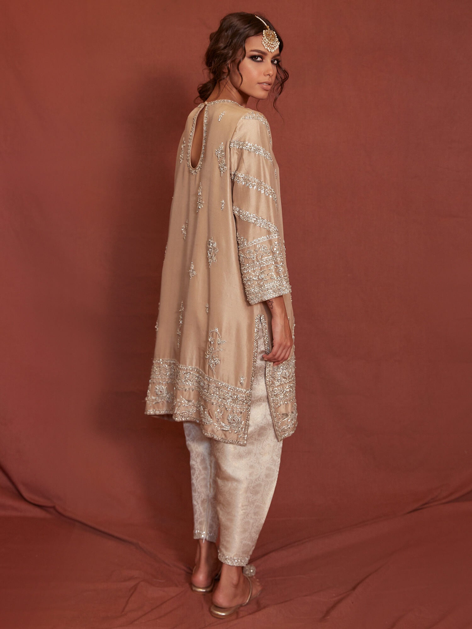 Pakistani Sand Embroidered Raw Silk Salwar Kameez (3-Piece) - Image 3