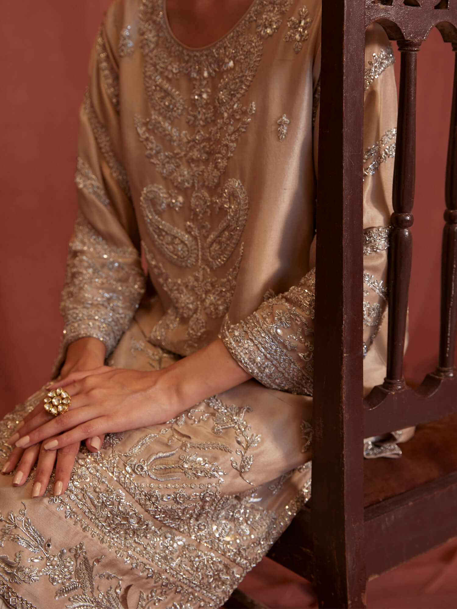 Pakistani Sand Embroidered Raw Silk Salwar Kameez (3-Piece) - Image 4