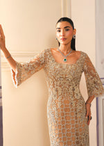 Pakistani Beige Embroidered Net Straight Long Dress (3-Piece) - Image 5