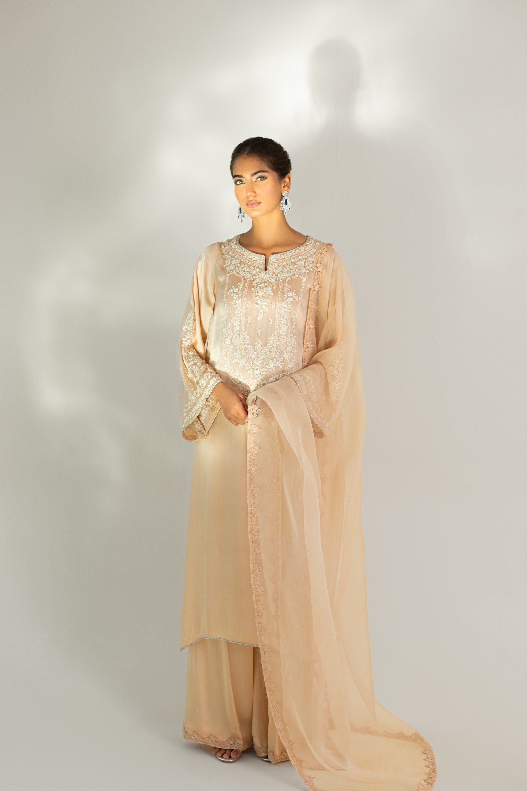 Soft Beige Embroidered Raw Silk Salwar Kameez (3-Piece) - Image 1