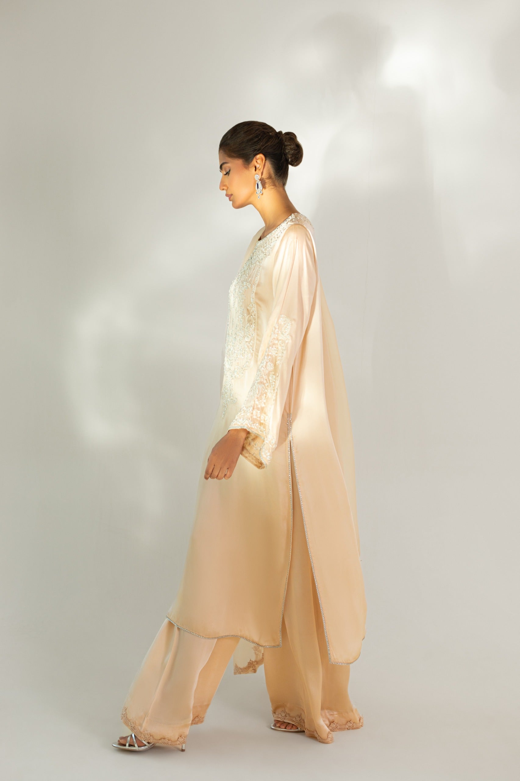 Soft Beige Embroidered Raw Silk Salwar Kameez (3-Piece) - Image 2