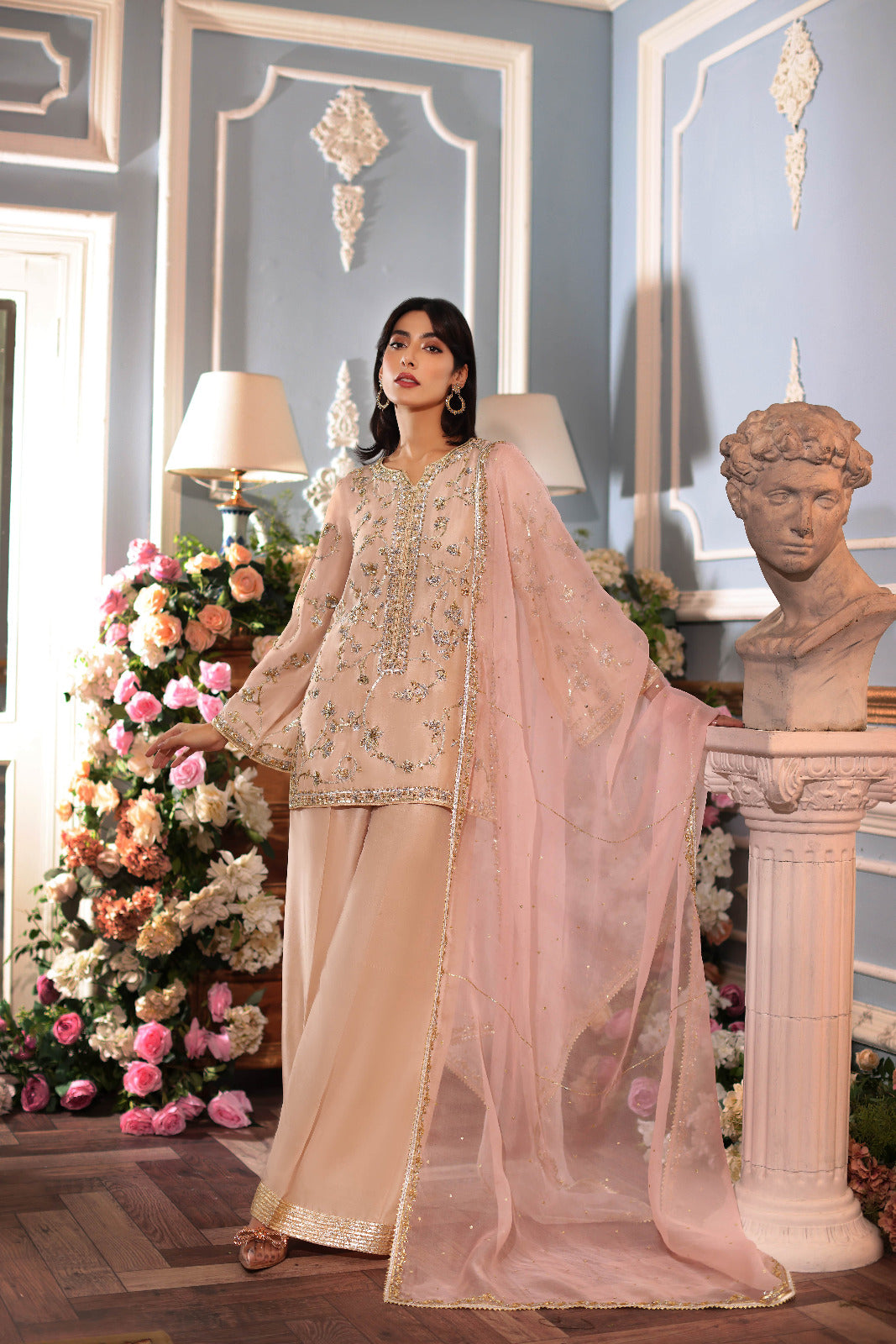 Pakistani Light Beige Zardozi Raw Silk Short Kameez (3-Piece) - Image 1