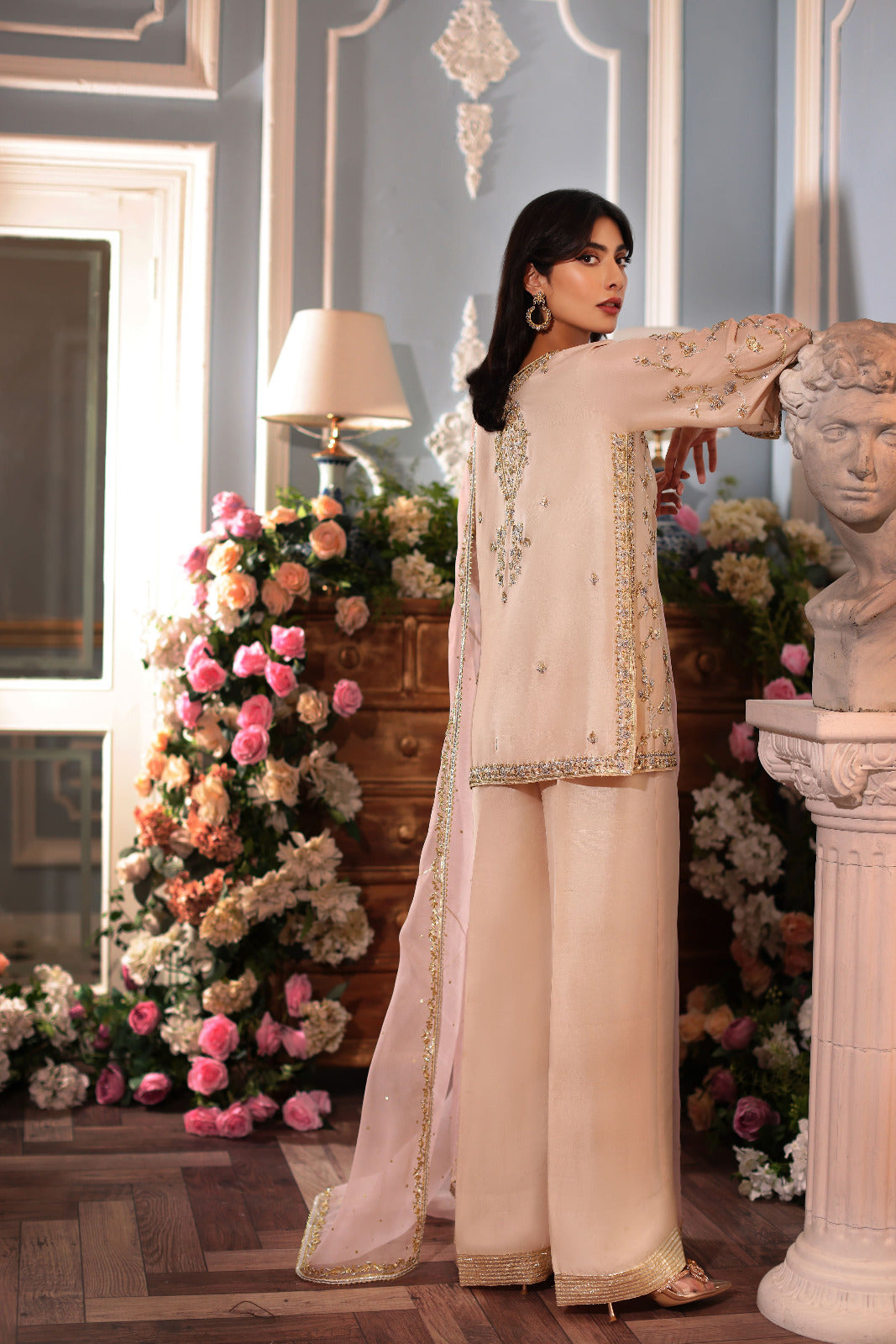 Pakistani Light Beige Zardozi Raw Silk Short Kameez (3-Piece) - Image 2