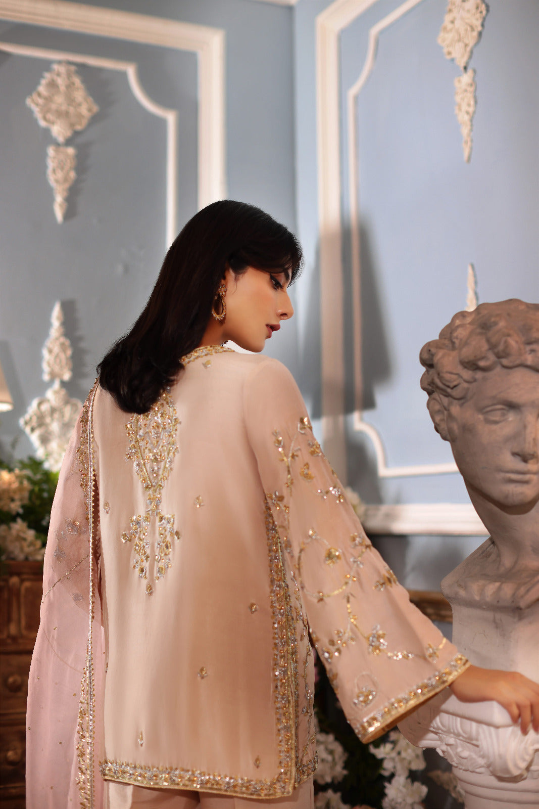 Pakistani Light Beige Zardozi Raw Silk Short Kameez (3-Piece) - Image 4