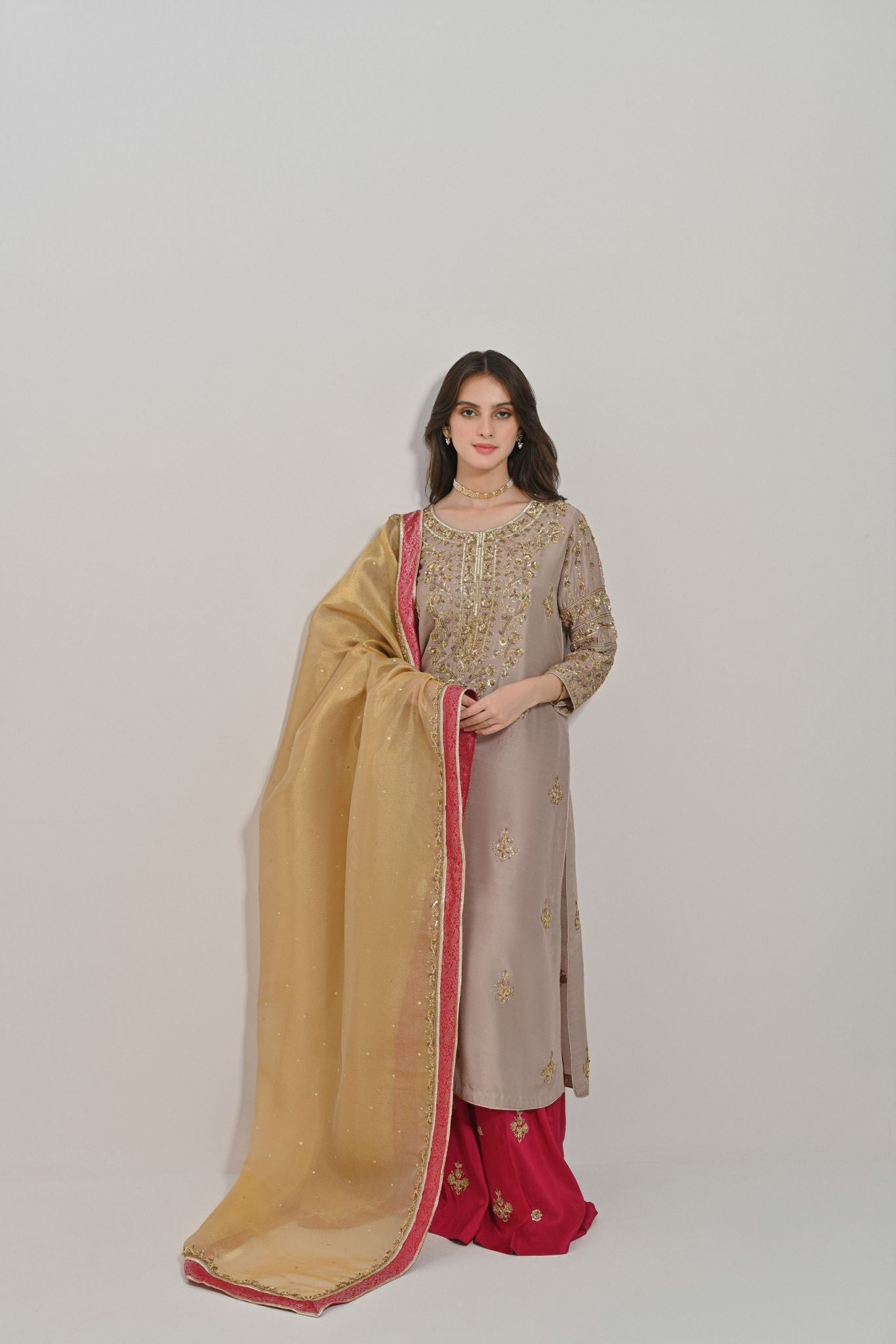 Pakistani Coffee Beige Zardozi Raw Silk Salwar Kameez (3-Piece) - Image 1