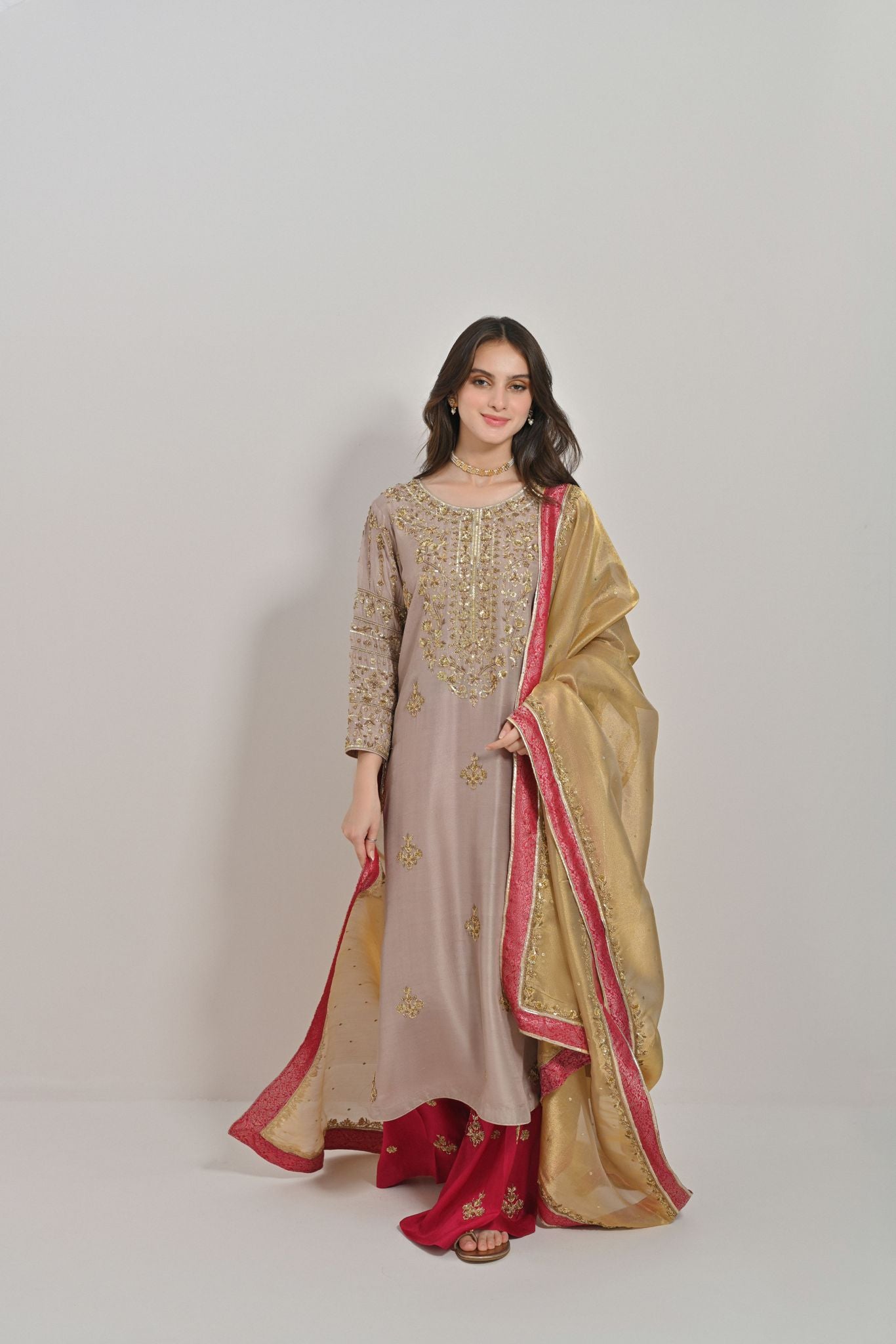 Pakistani Coffee Beige Zardozi Raw Silk Salwar Kameez (3-Piece) - Image 2
