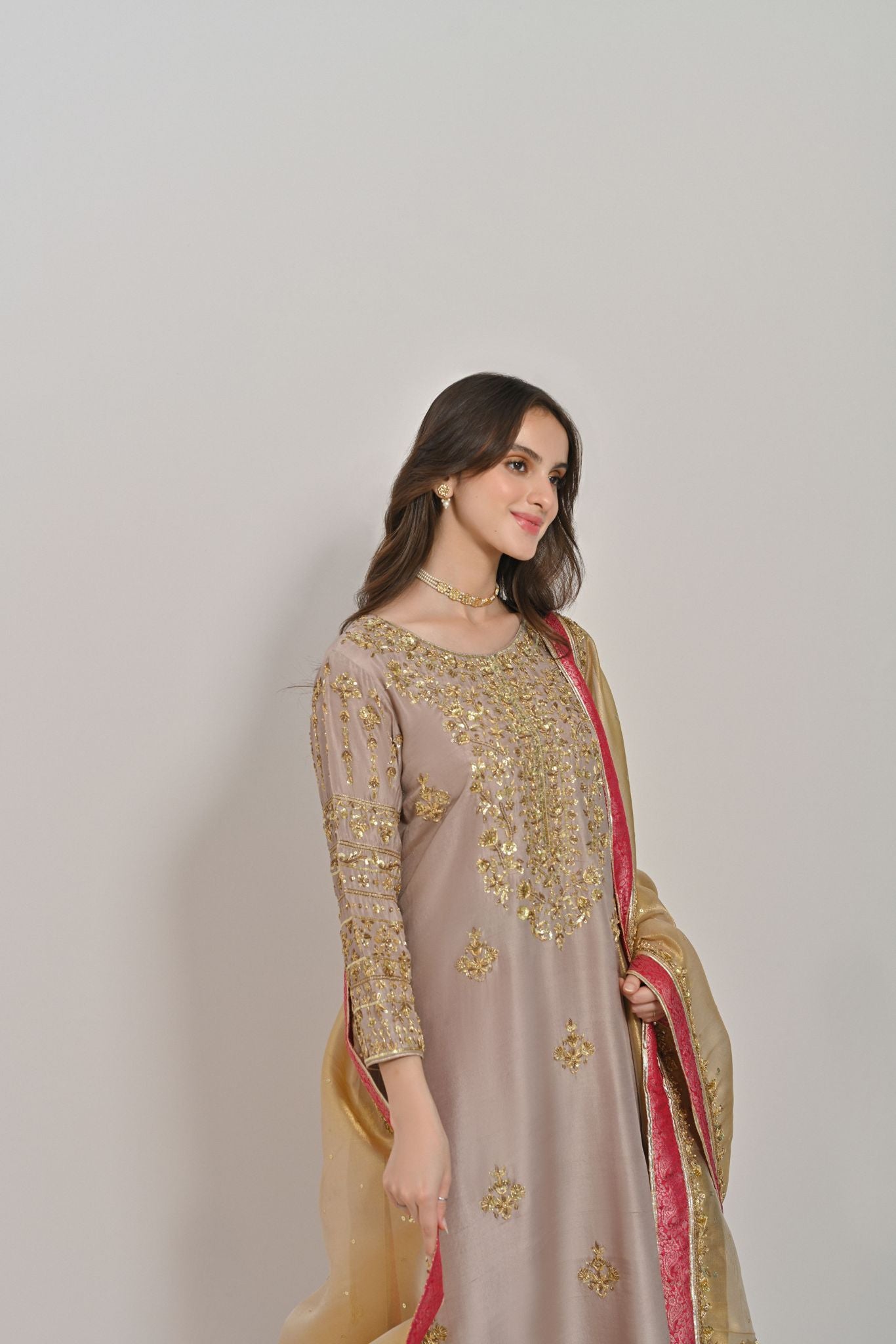 Pakistani Coffee Beige Zardozi Raw Silk Salwar Kameez (3-Piece) - Image 3