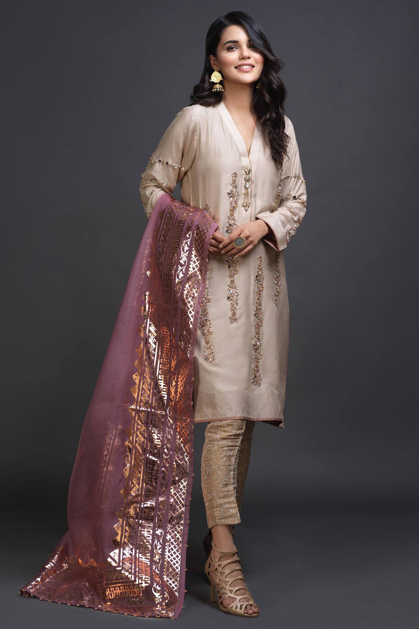 Beige Embroidered PK Raw Silk Salwar Kameez (3-Piece) - Image 2