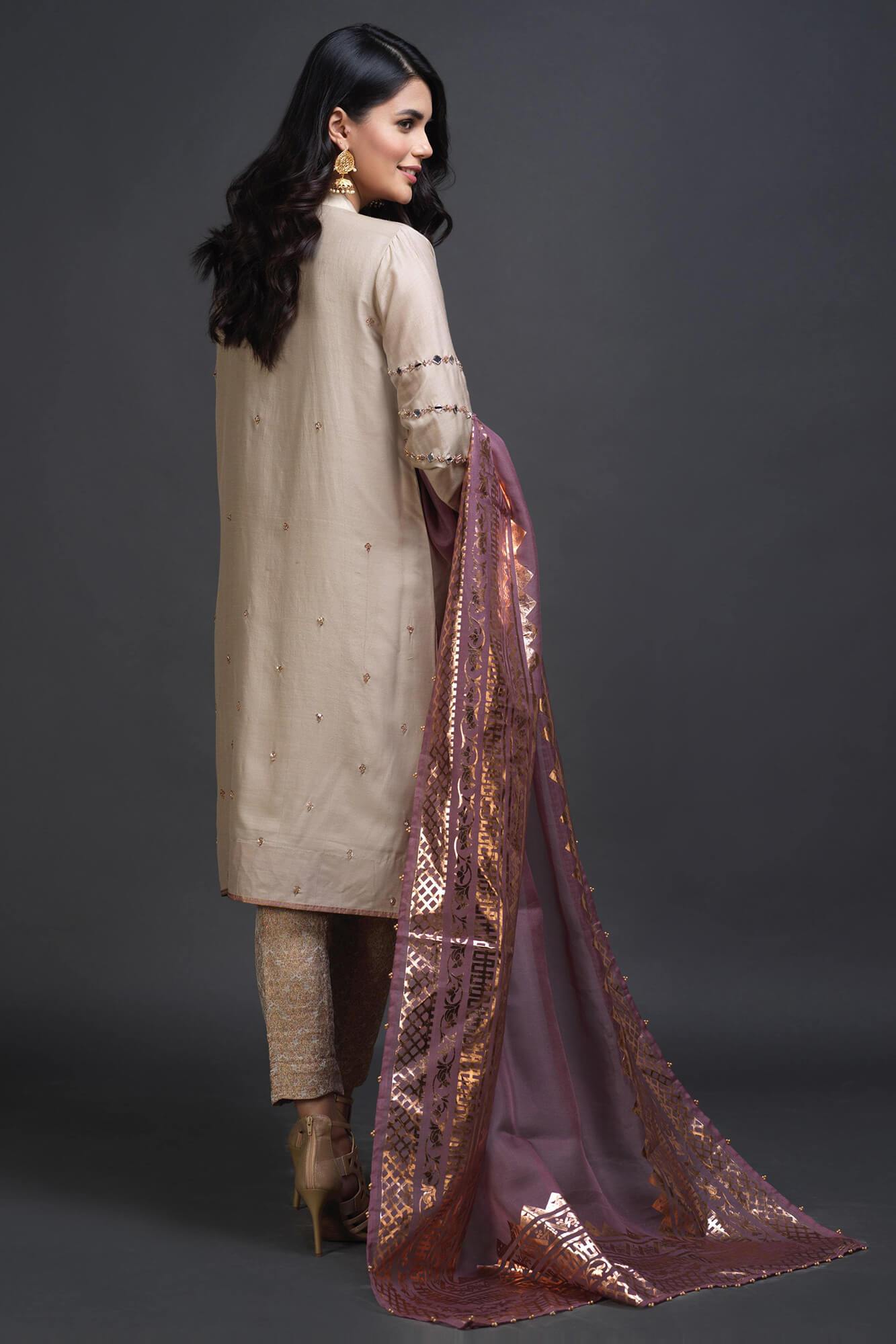 Beige Embroidered PK Raw Silk Salwar Kameez (3-Piece) - Image 3