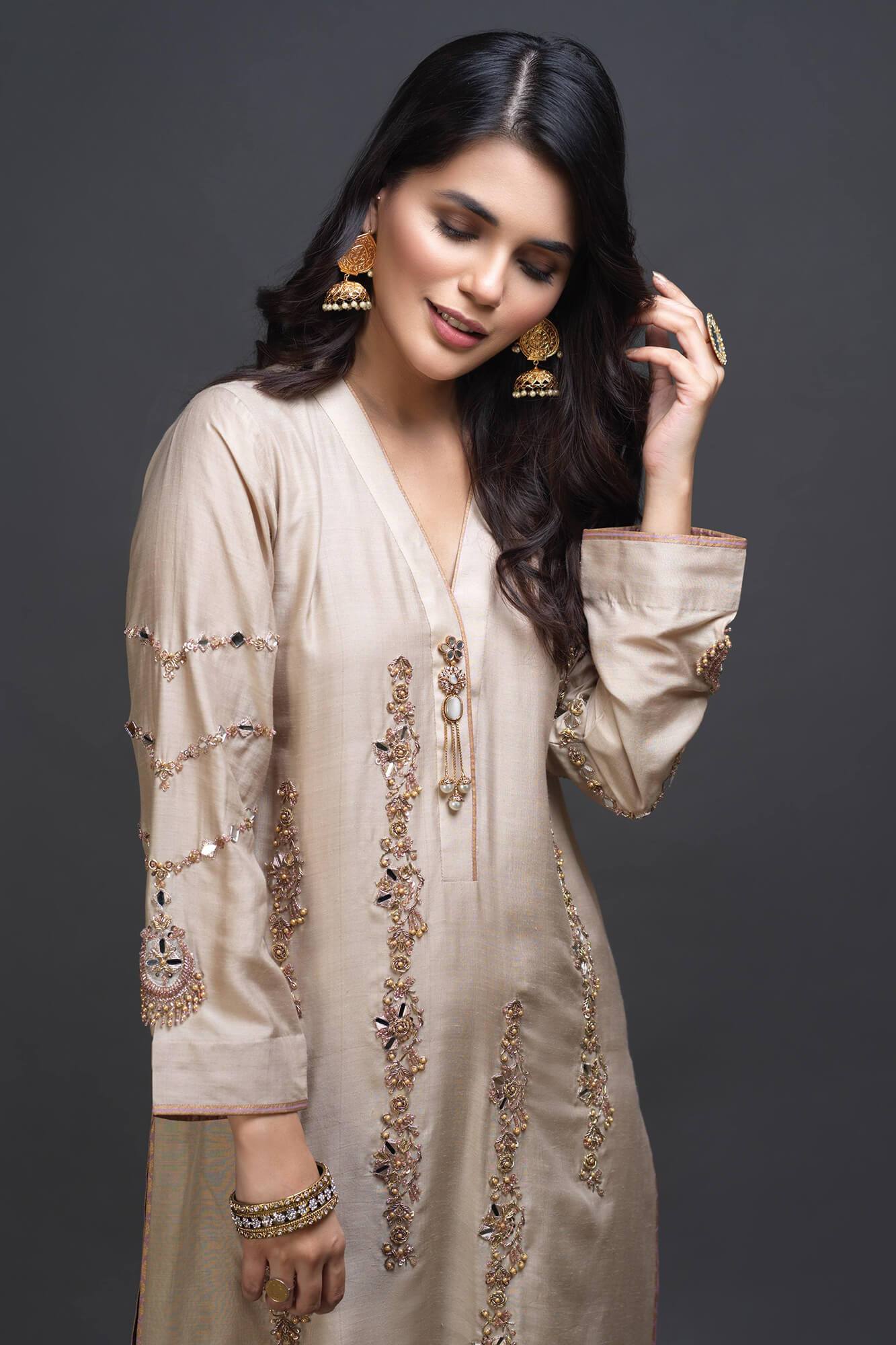 Beige Embroidered PK Raw Silk Salwar Kameez (3-Piece) - Image 5