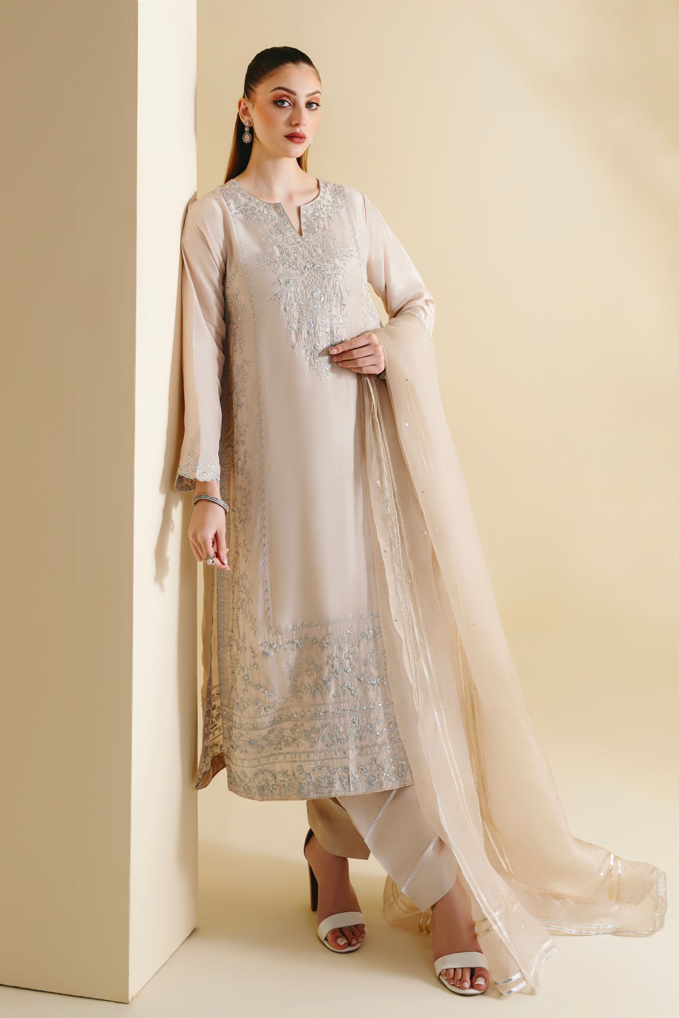 Pakistani Light Beige Zari Sequin Raw Silk Salwar Kameez (3-Piece) - Image 1