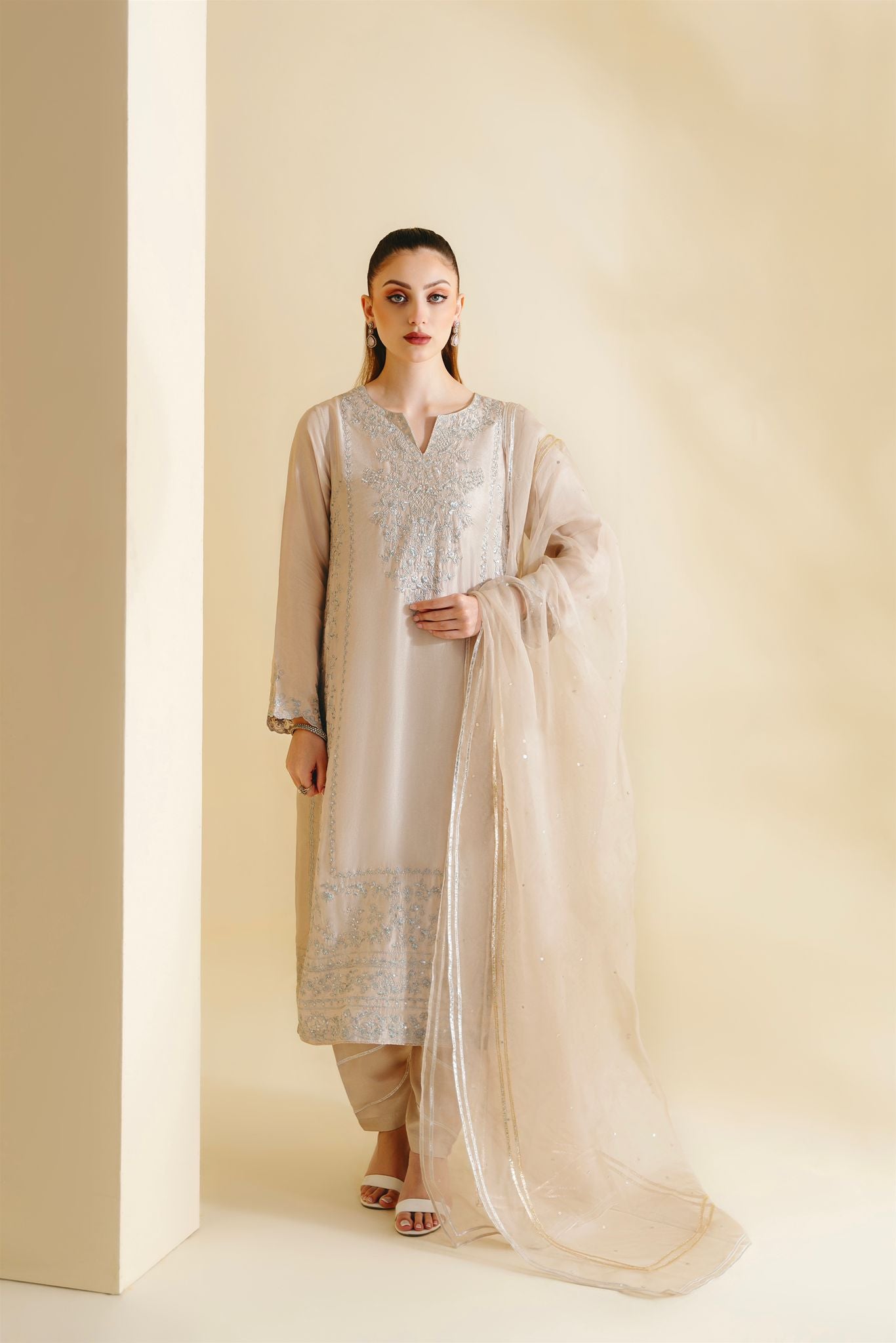 Pakistani Light Beige Zari Sequin Raw Silk Salwar Kameez (3-Piece) - Image 2