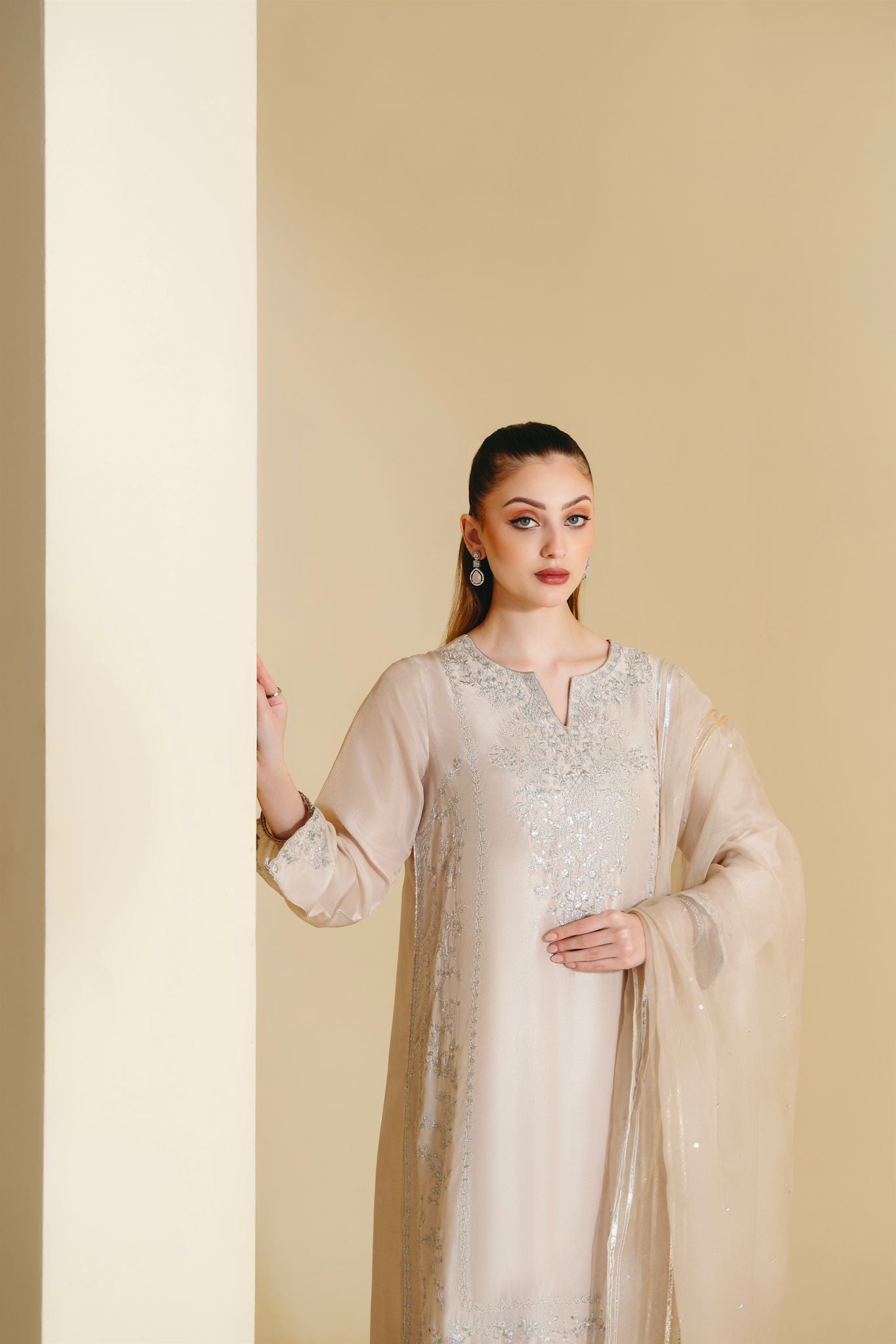 Pakistani Light Beige Zari Sequin Raw Silk Salwar Kameez (3-Piece) - Image 3