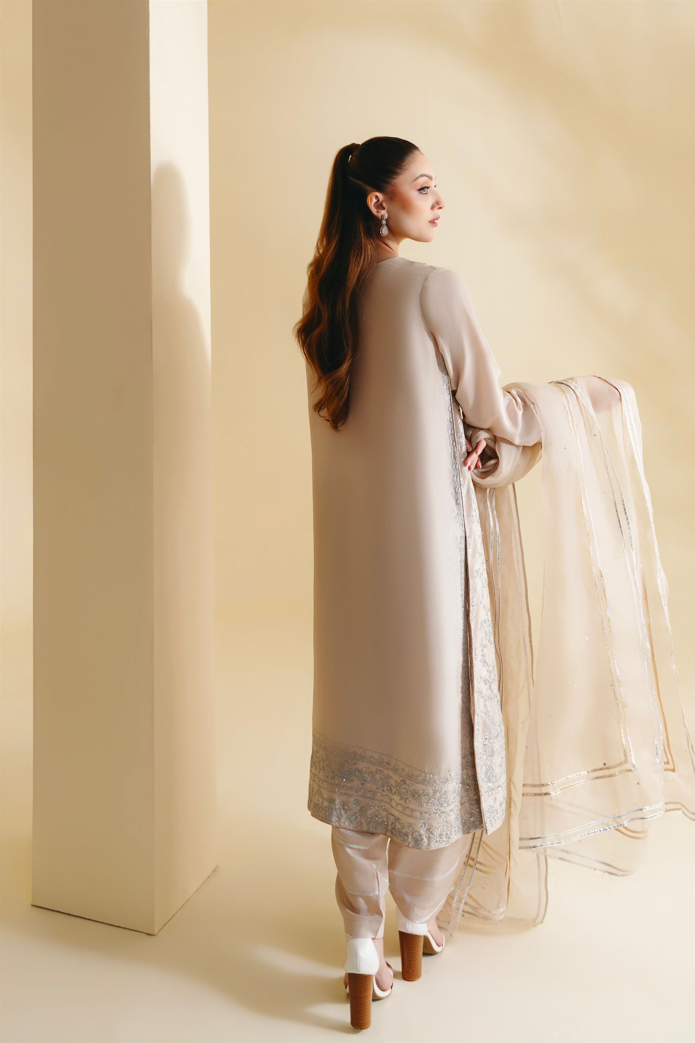 Pakistani Light Beige Zari Sequin Raw Silk Salwar Kameez (3-Piece) - Image 5