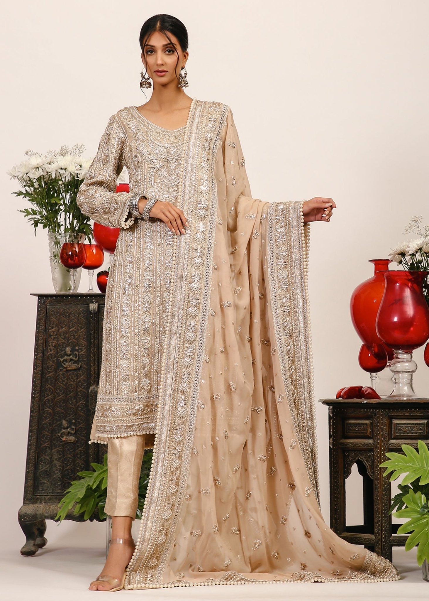 Beige Gota Panni Satin Silk Kurta Set (3-Piece) - Image 1