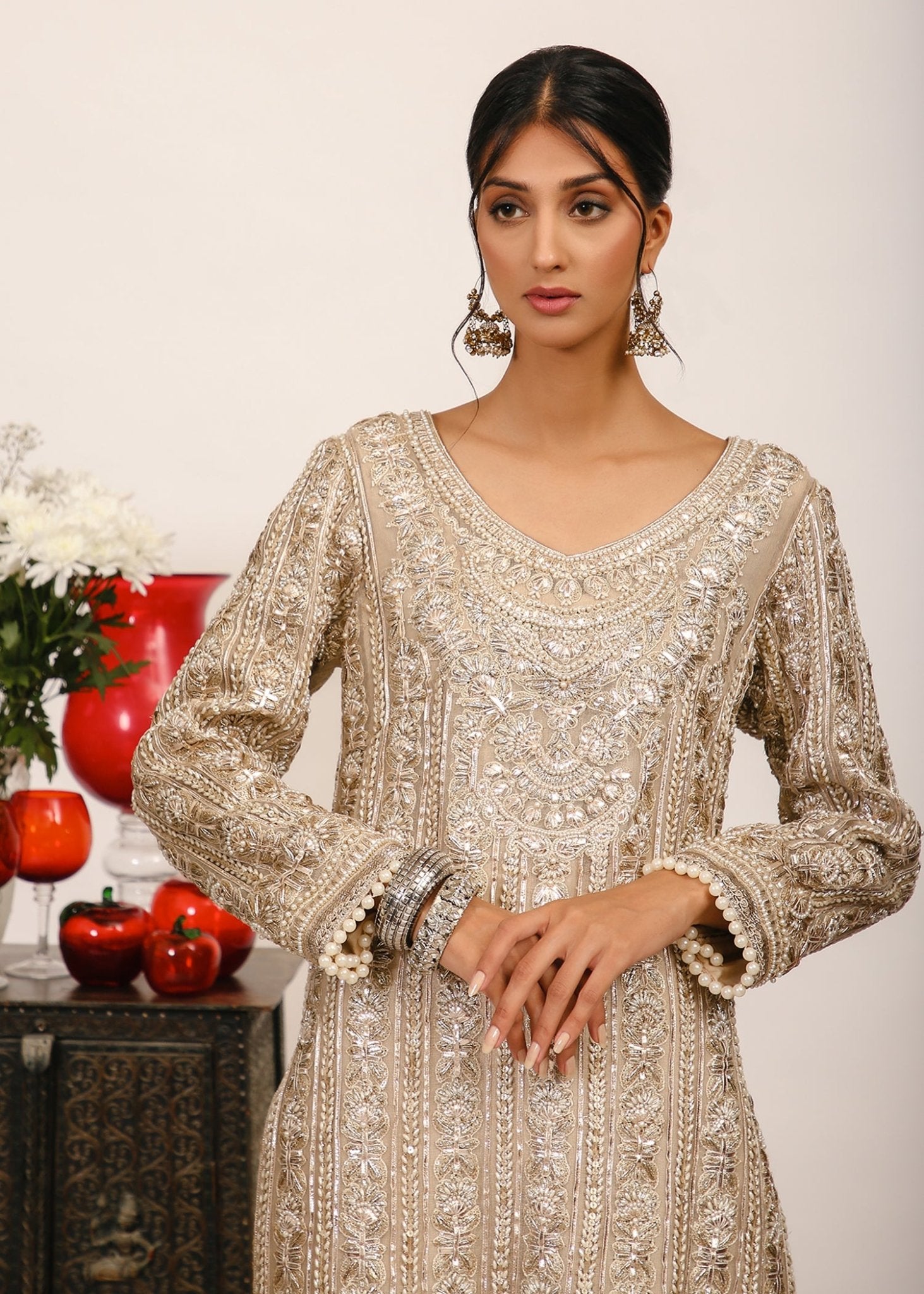 Beige Gota Panni Satin Silk Kurta Set (3-Piece) - Image 2