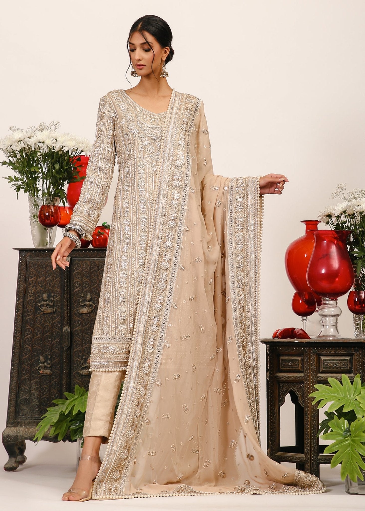 Beige Gota Panni Satin Silk Kurta Set (3-Piece) - Image 3