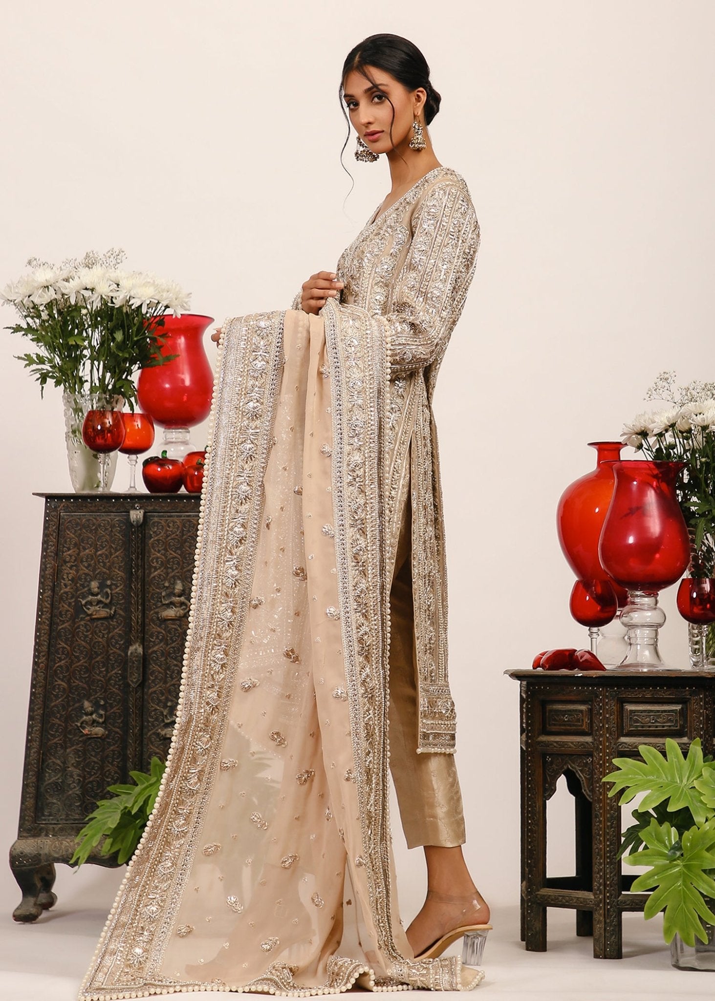 Beige Gota Panni Satin Silk Kurta Set (3-Piece) - Image 4