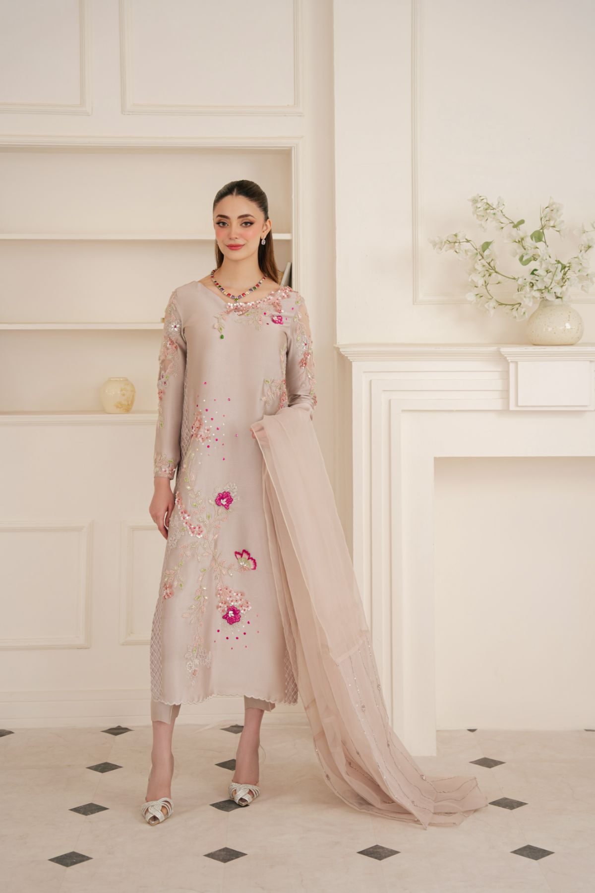 Pakistani Skin Beaded Sheesha Silk Salwar Kameez (3-Piece) - Image 1