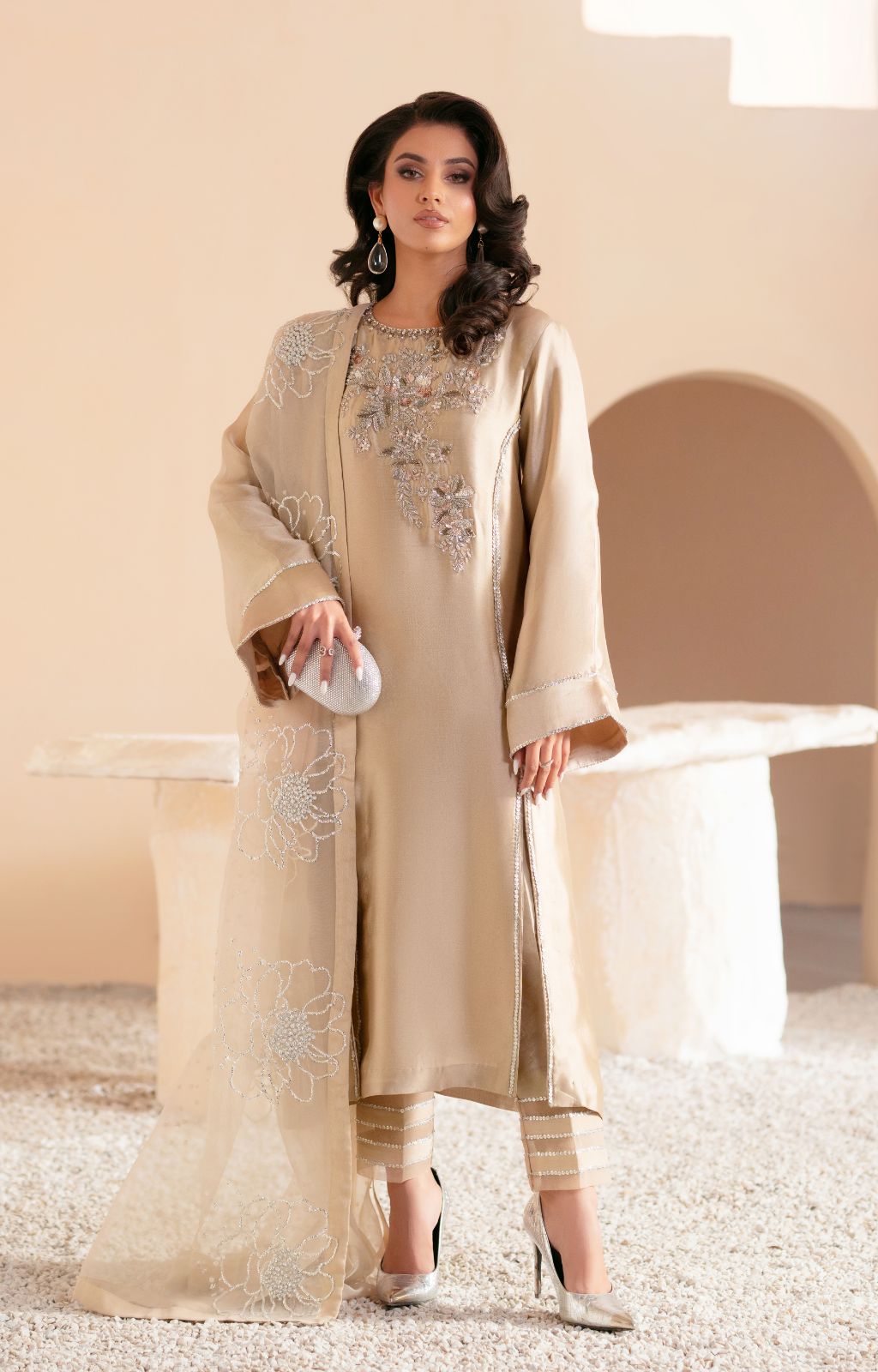 Beige Gold Embroidered Shesha Silk Salwar Kameez (3-Piece) - Image 1