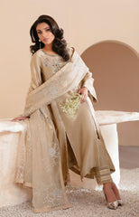 Beige Gold Embroidered Shesha Silk Salwar Kameez (3-Piece) - Image 3