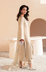 Beige Gold Embroidered Shesha Silk Salwar Kameez (3-Piece) - Image 5