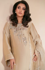 Beige Gold Embroidered Shesha Silk Salwar Kameez (3-Piece) - Image 7