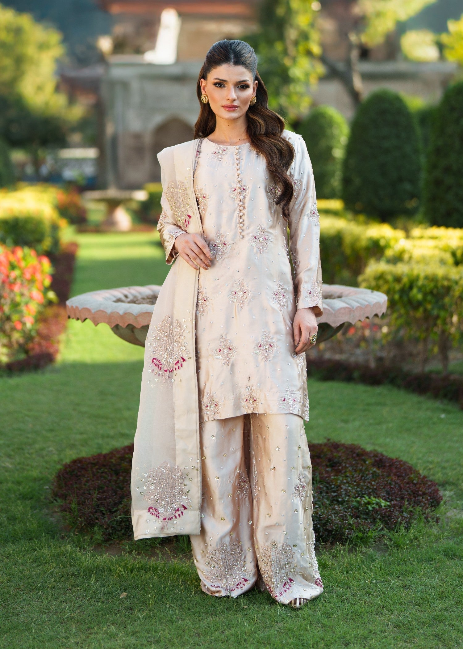 Beige Embellished Silk Kurta Set (3-Piece) - Image 1