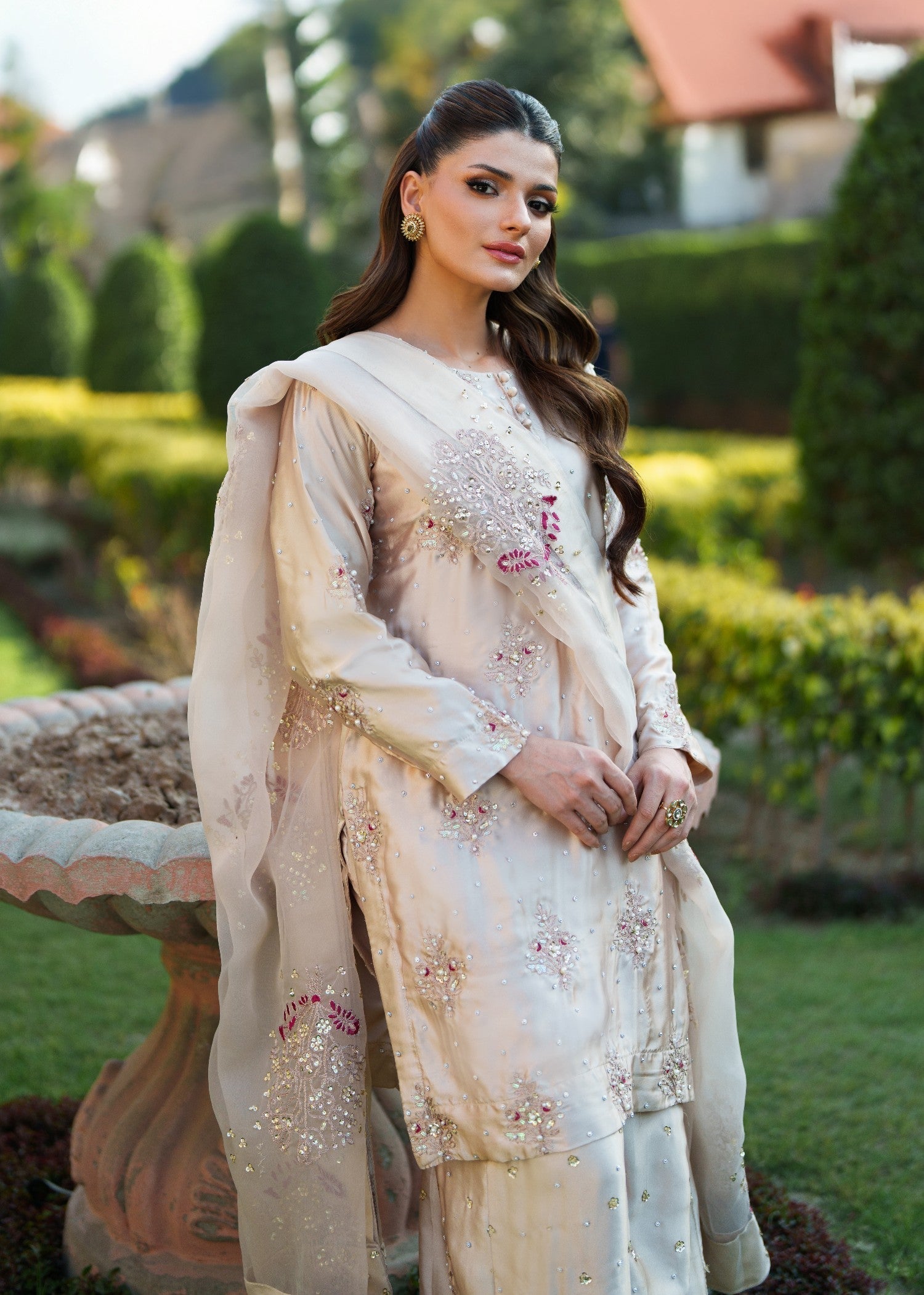 Beige Embellished Silk Kurta Set (3-Piece) - Image 2