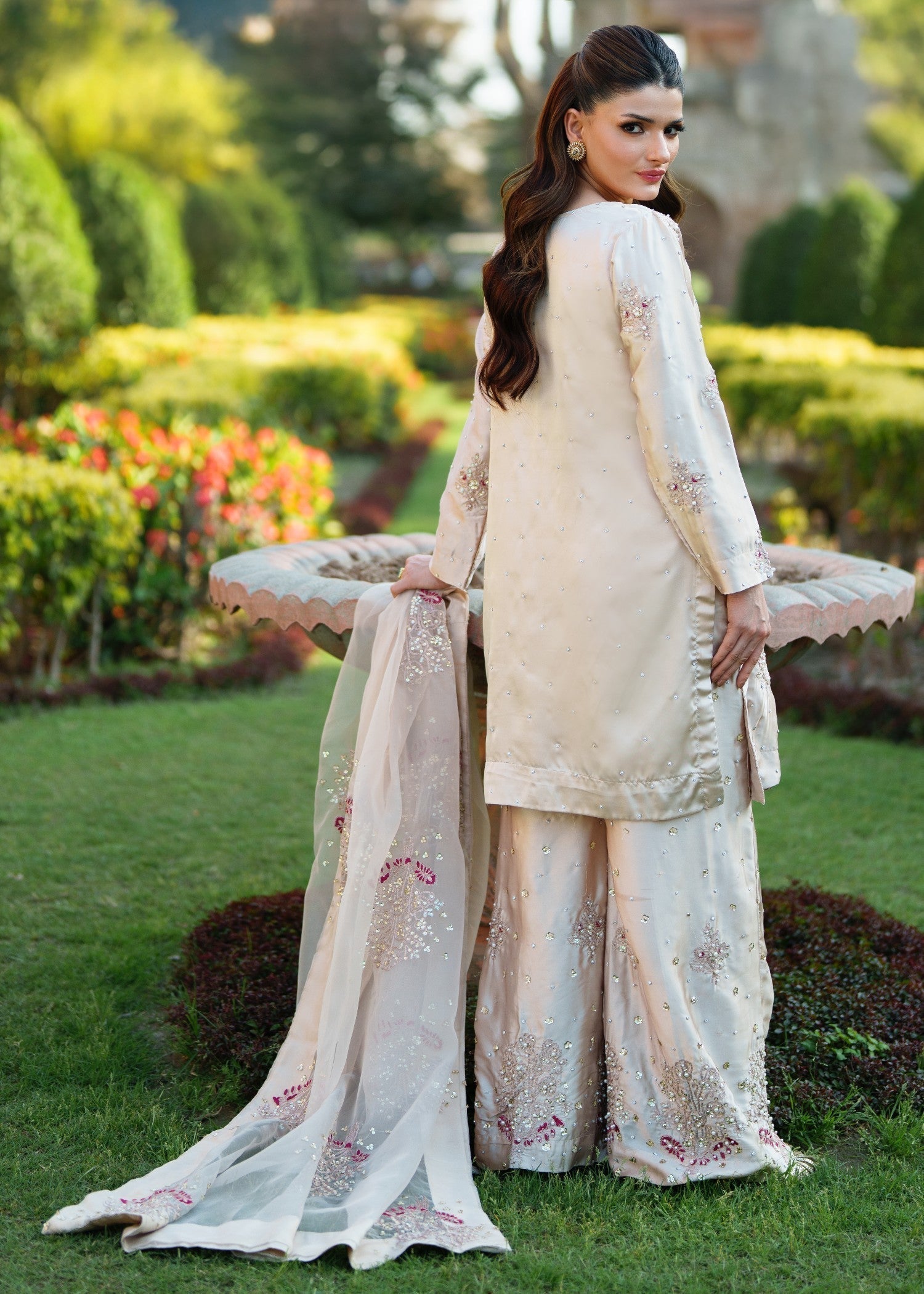 Beige Embellished Silk Kurta Set (3-Piece) - Image 3