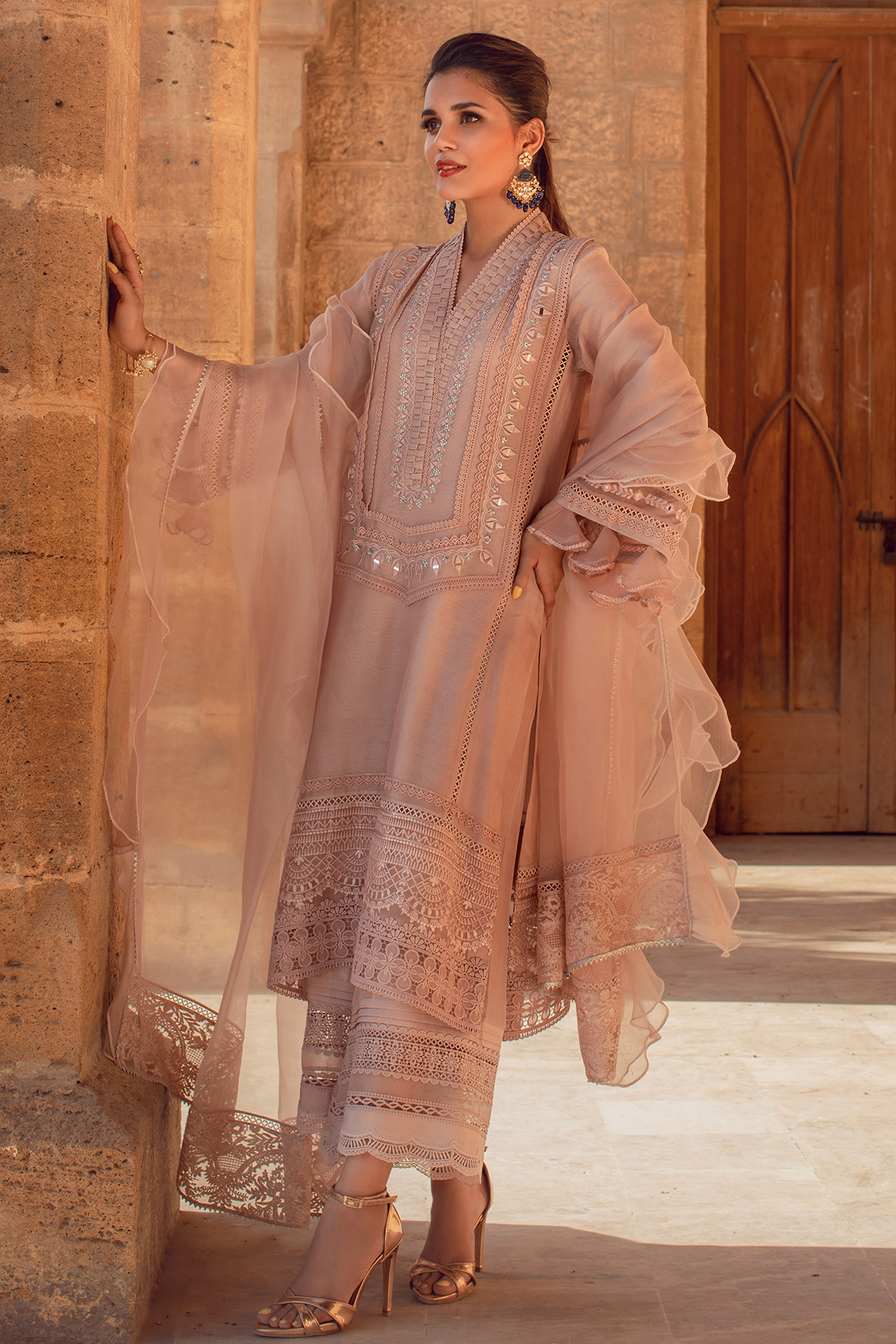 Pakistani Sand Embroidered Pure Silk Net Salwar Kameez (3-Piece) - Image 2