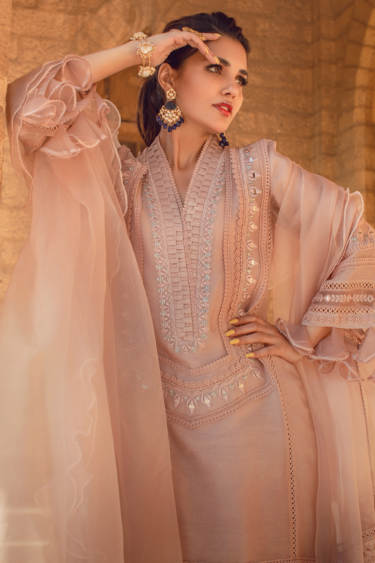 Pakistani Sand Embroidered Pure Silk Net Salwar Kameez (3-Piece) - Image 3