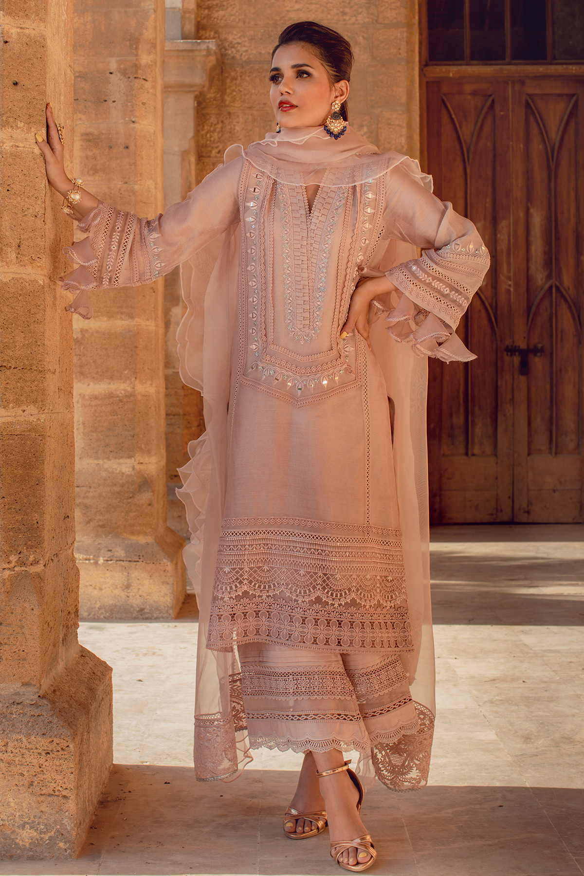 Pakistani Sand Embroidered Pure Silk Net Salwar Kameez (3-Piece) - Image 4