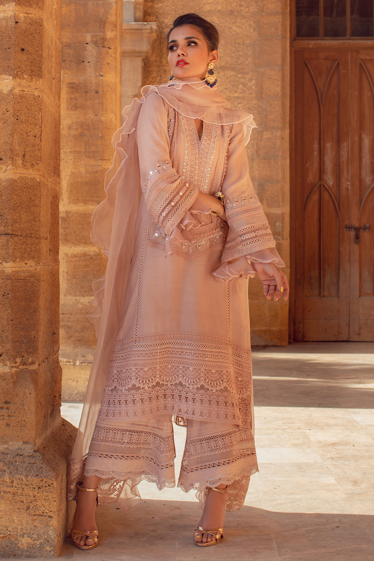 Pakistani Sand Embroidered Pure Silk Net Salwar Kameez (3-Piece) - Image 5