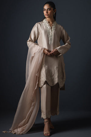 Light Beige Embroidered Silk Salwar Kameez (3-Piece) - Image 1